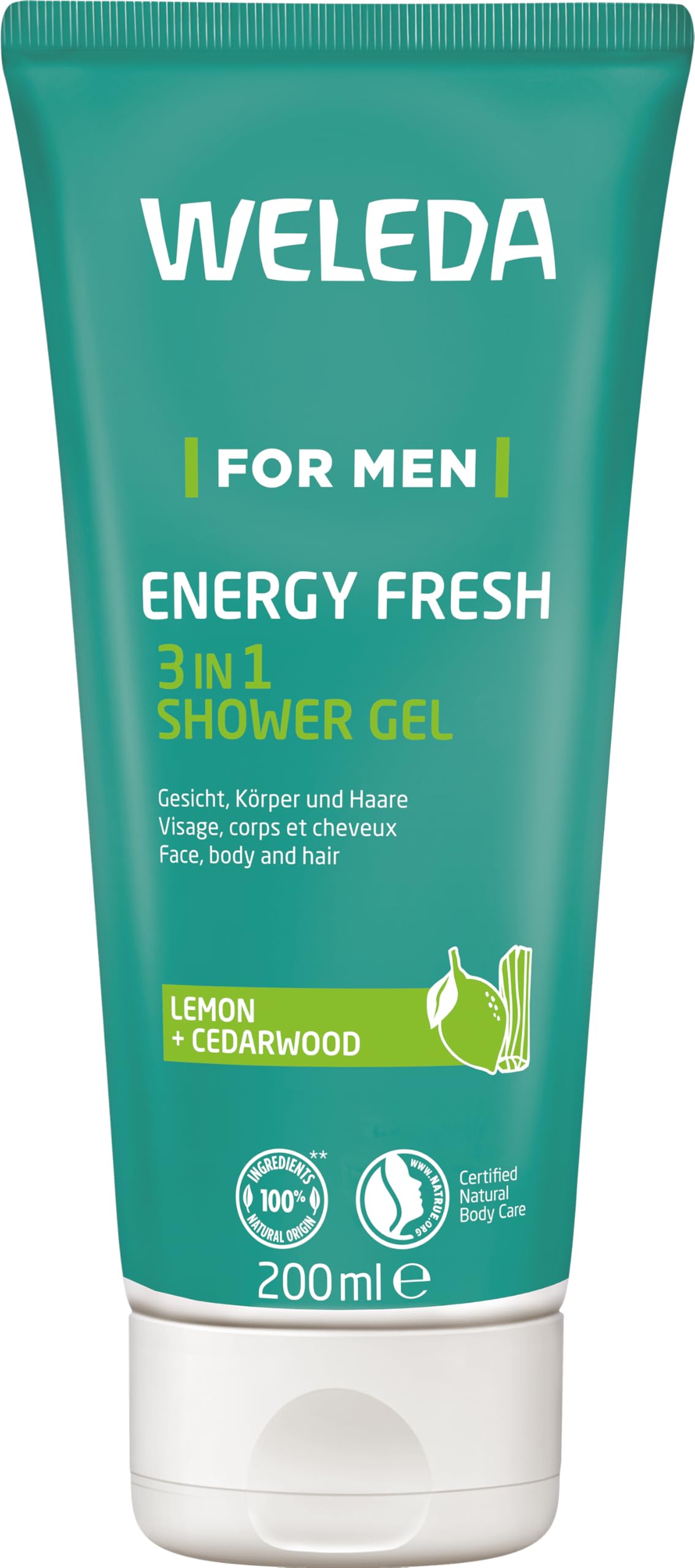 WELEDA Bio For Men 3in1 Duschgel & Shampoo Energy Fresh - Naturkosmetik Männer Duschseife & Haarpflege mit Zitrone & Zedernholz Duft. Shower Gel zur Reinigung von Gesicht, Körper & Haar (1x 200ml)