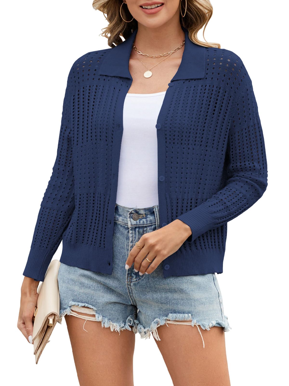 Womens Lightweight Crochet Hollow Out Cardigans Open Front Knit Button Down Cardigan Lapel Cropped Sweaters Summer