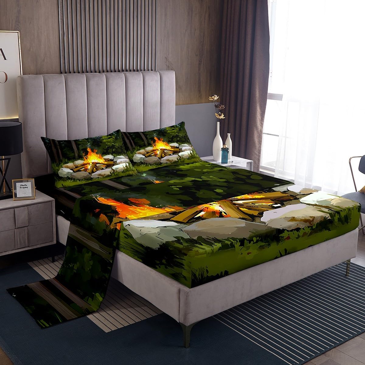 Feelyou キャンプファイヤーベッドシーツセット キングサイズ 楽しいウッドランド キャンプ場 ディープポケット フィットシーツ