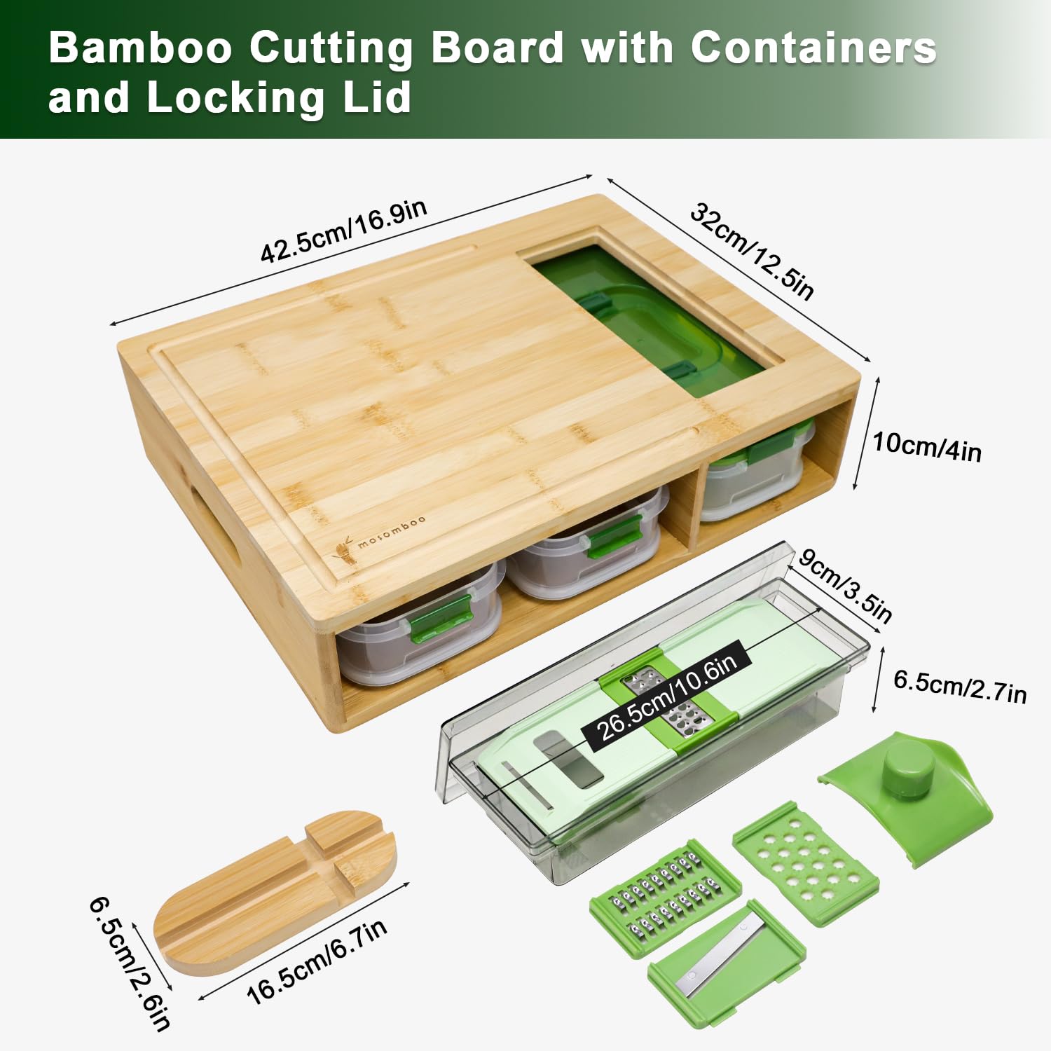 Tabla de cortar de bambú con recipientes, juego de tabla de cortar extragrande con 3 recipientes apilables, 4 ralladores, tapa de bloqueo, ranura para jugo, estación de preparación de comidas