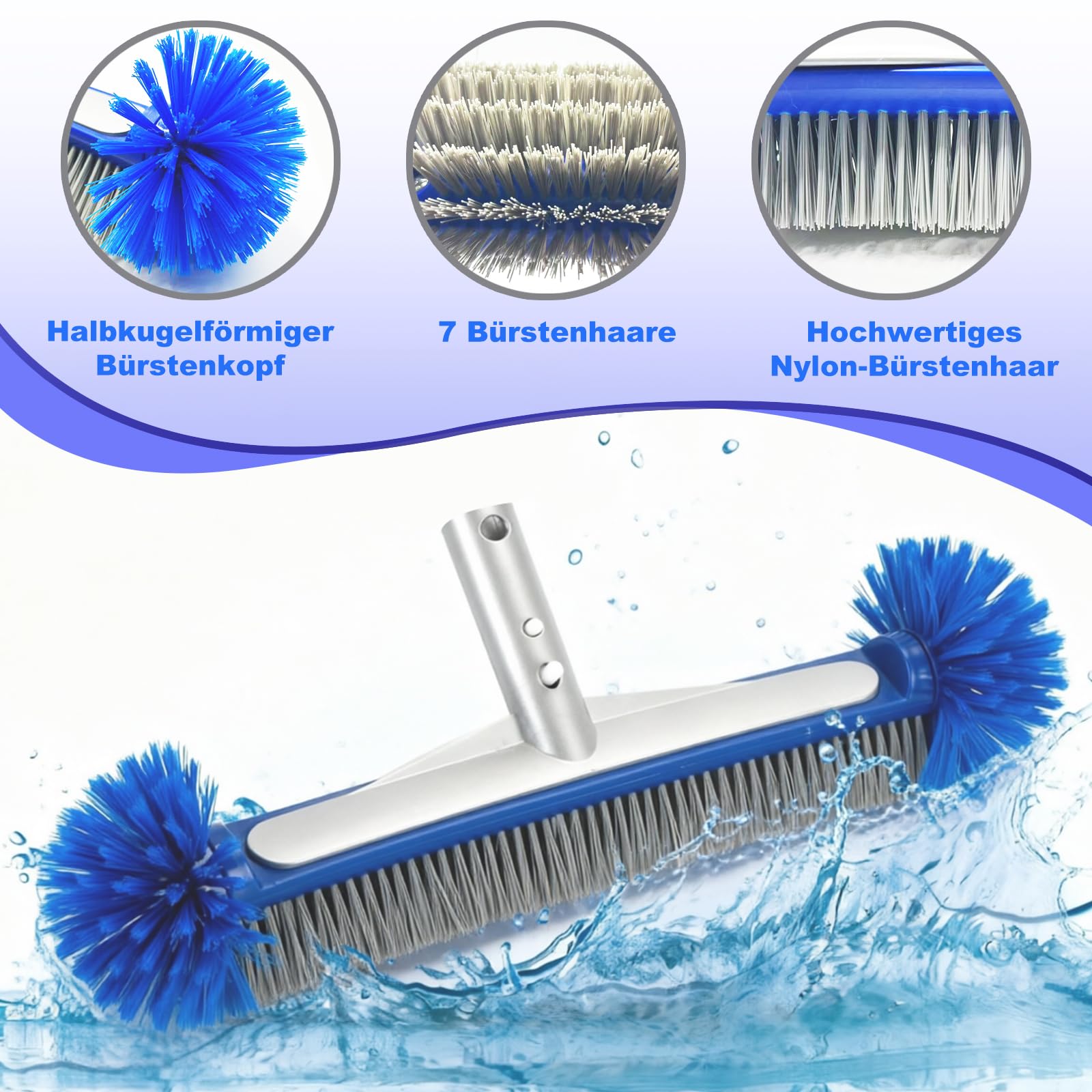 Brosse Piscine Ronde Nettoyage avec Tige Télescopique Tête Détachable Poils Robustes Fond Parois