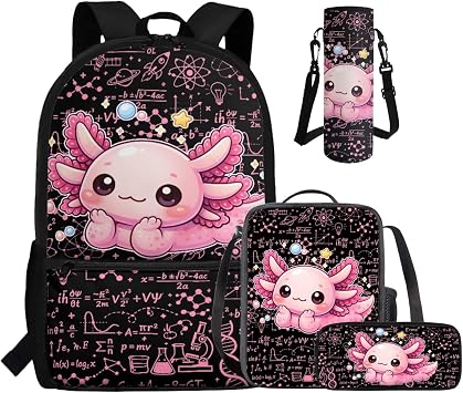 Kawaii Axolotl School Backpack Set for Girls 17" 4-in-1 Bookbag with Lunch Box Pencil Case and Bottle Holder Lightweight Schoolbag for 1st5th Grade Mochilas Para NinA