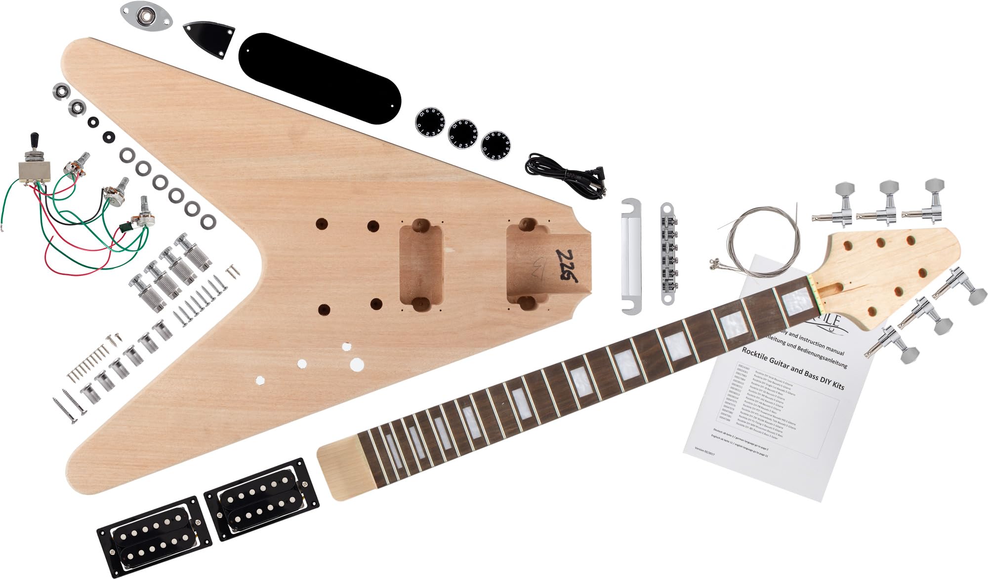 Kit guitare électrique Rocktile FV-style – kit DIY: corps acajou, touche palissandre, 22 frettes, 2x humbuckers, mécaniques die-cast, finition naturelle. Kit de montage.