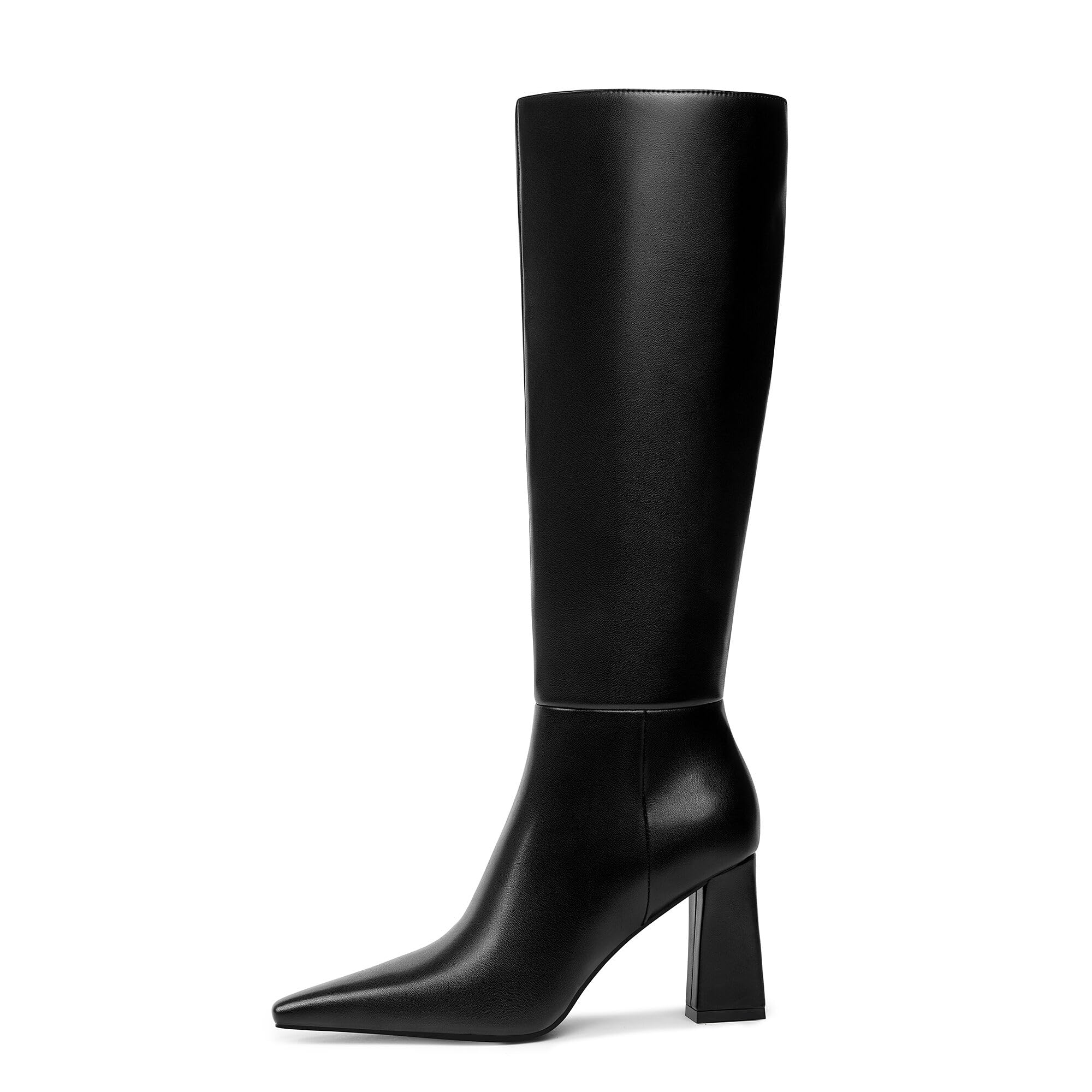 Meolee Knee High Boots for Women Chunky High Heel Long Boots Pointed Toe Leather Boots with Side Zipper