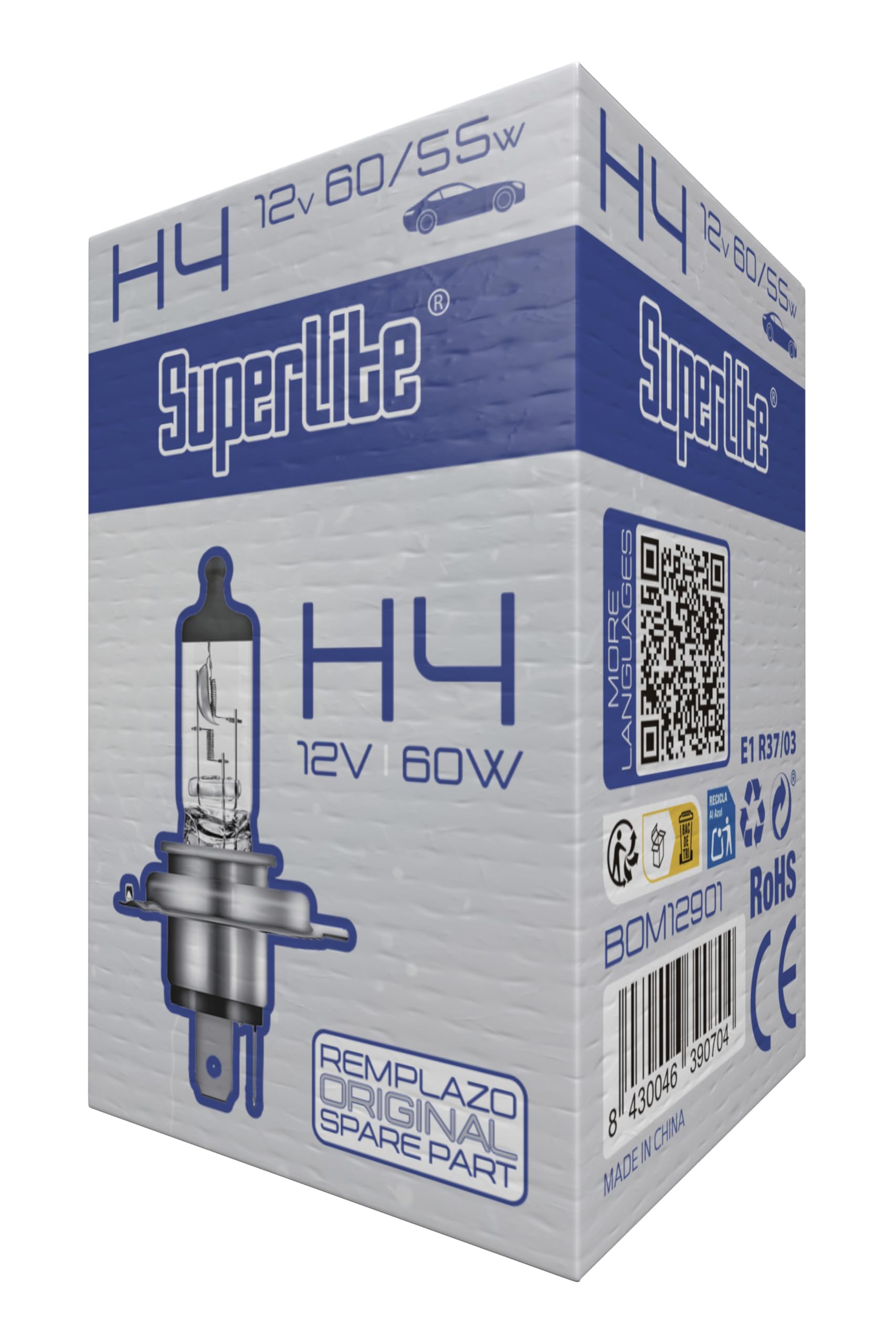 Lampadina alogena Superlite H4 12V 60/55W Per i fari principali della gamma Night Vision. Omologazione E1 R37/03, certificazione RoHs e CE. Durata e luminosità eccezionali.