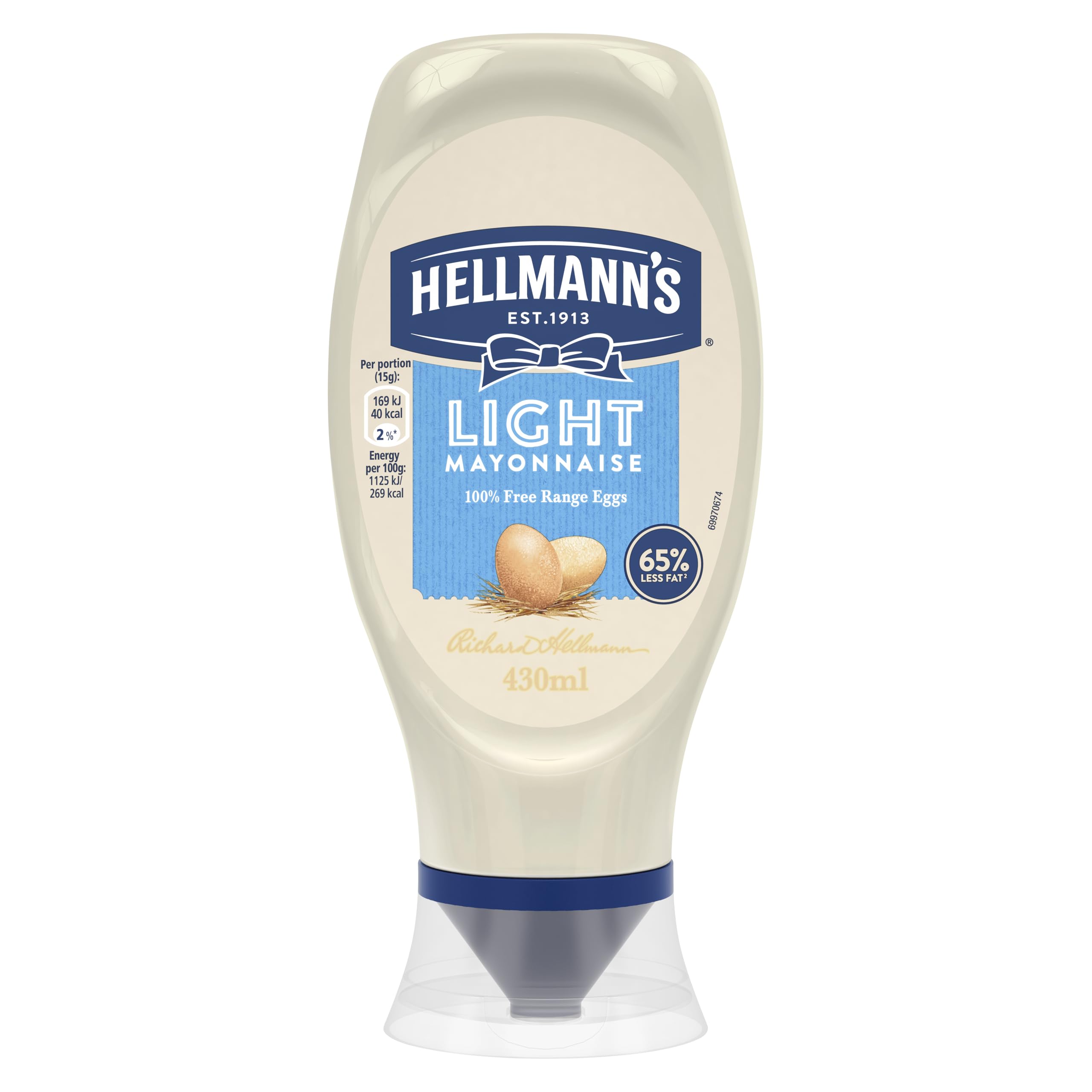 Hellmann's Light Mayonnaise Condiment 100% recycled squeeze bottle light mayo for burgers, sandwiches and salads, 430ml