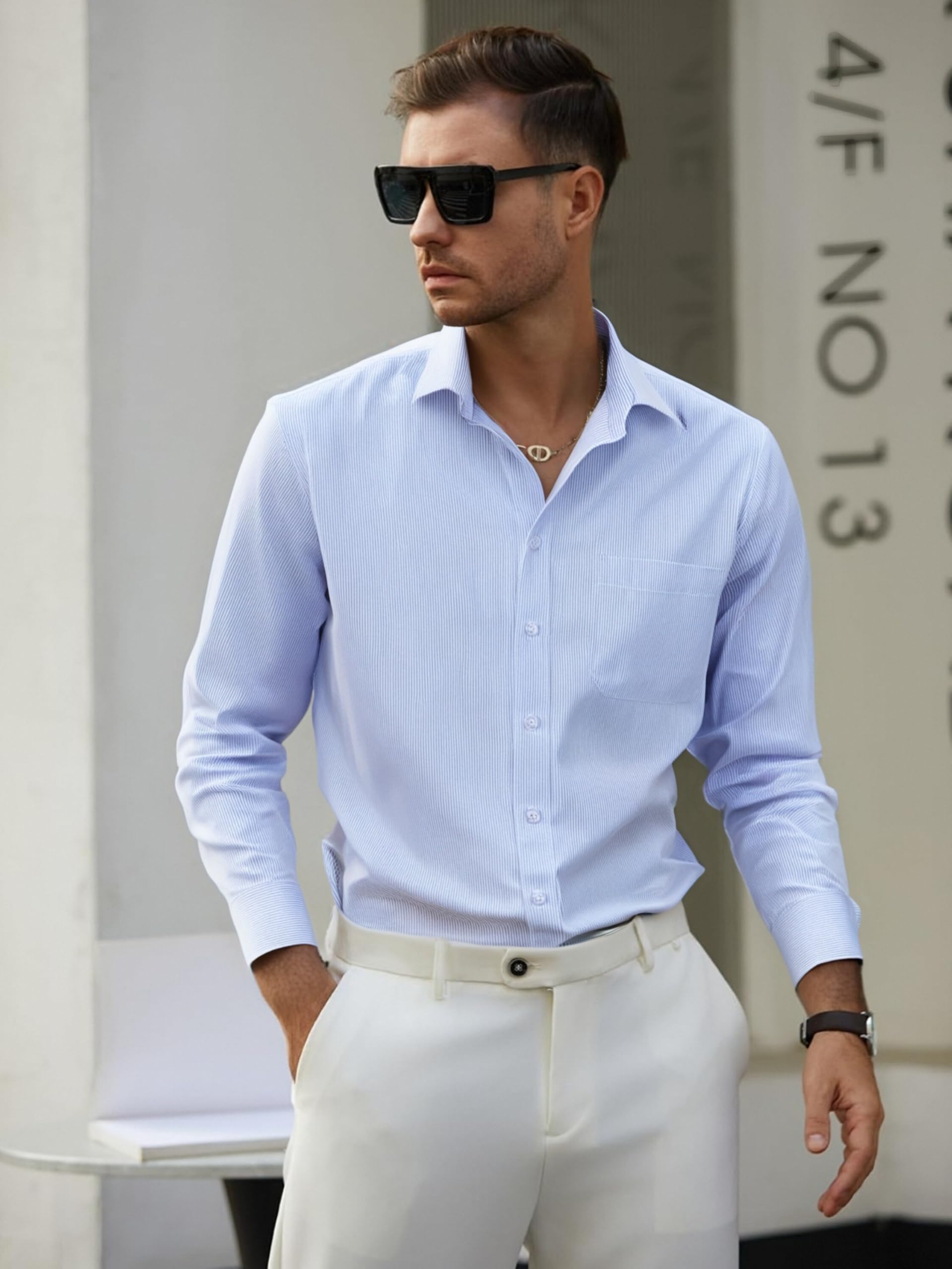 Mens Weave Button Down Shirts Business Casual Long Sleeve Slim Fit Shirt