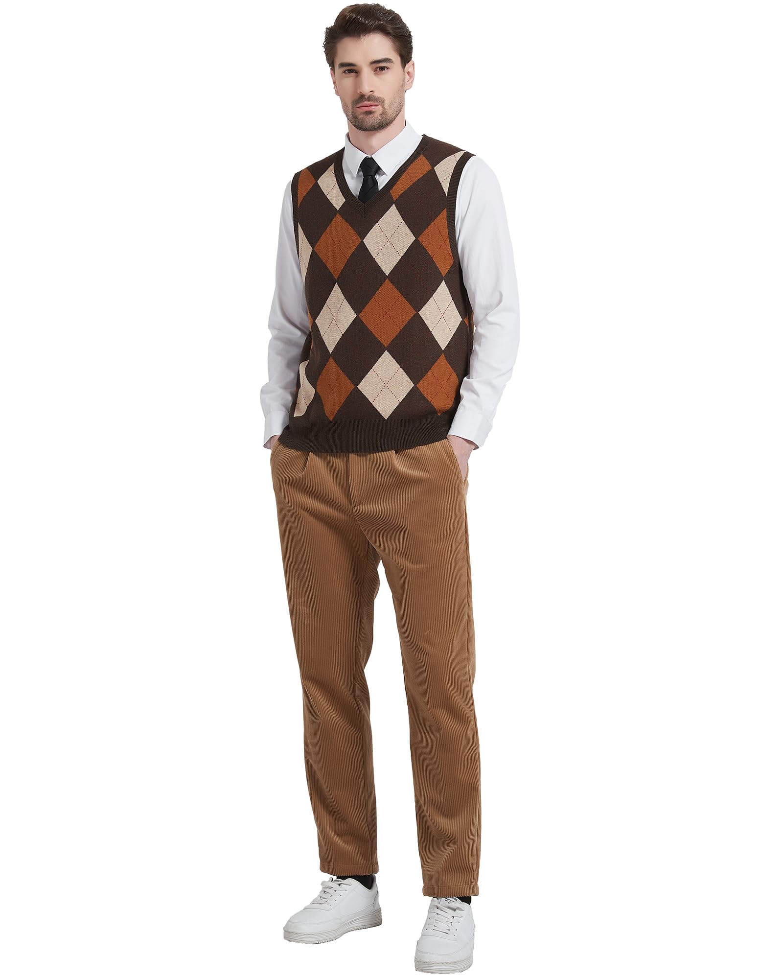 Kallspin Hommes Pull sans Manches Argyle Laine mélangée Gilets tricotés Pull à col en V Gilet Pullover