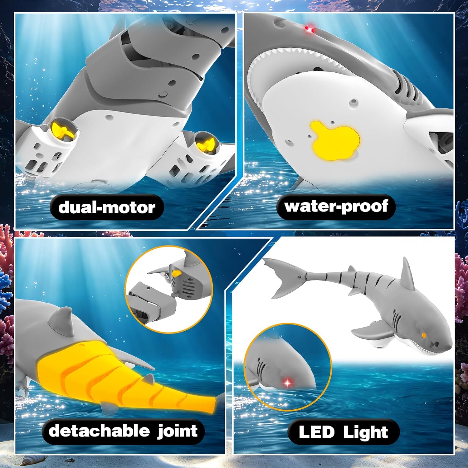 Remote Control Shark Toys for Kids, 1:18 Scale High Simulation Shark for Pool, 2.4Ghz Electric RC Shark Boat Fish Toys with Light & USB Rechargeable, Pool Toys Gift for Boys Girls 6 7 8 9 Year Olds