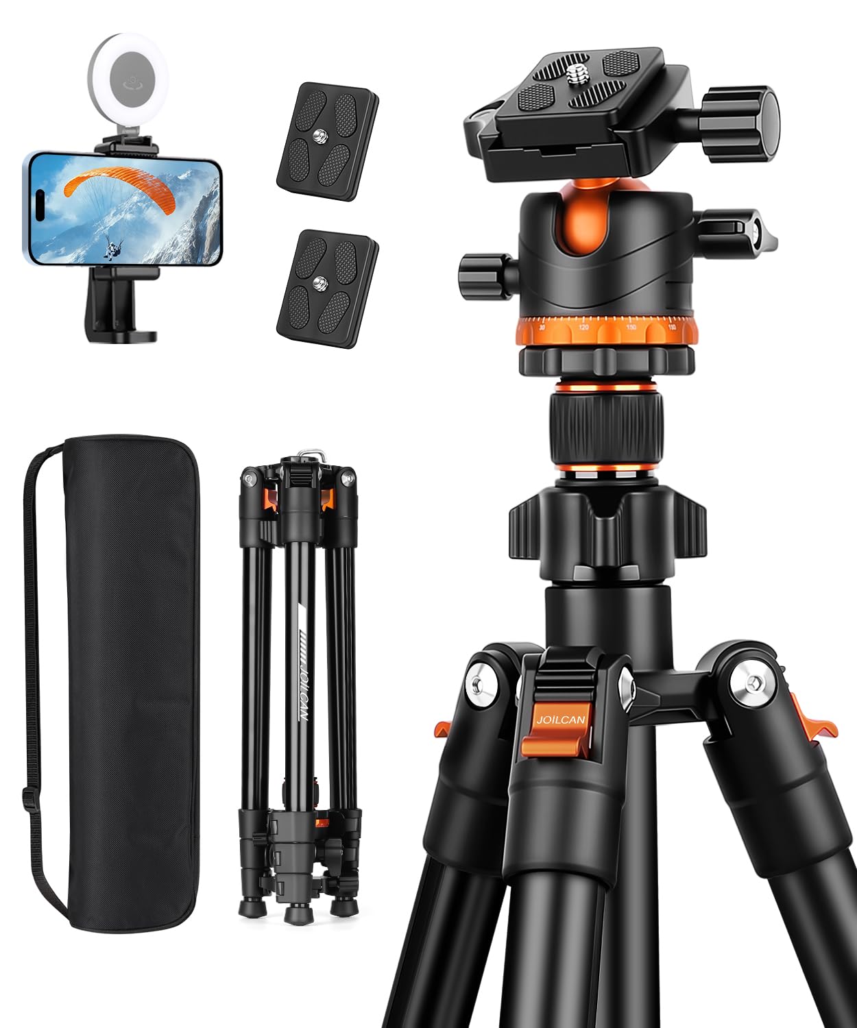 JOILCAN Treppiede Fotocamera di Alluminio, Treppiede da Viaggio Compatto 168cm per Canon Nikon Sony Videocamera DSLR, Treppiedi Smartphone per iPhone, Testa Sferica 360°, Carico Max 8KG