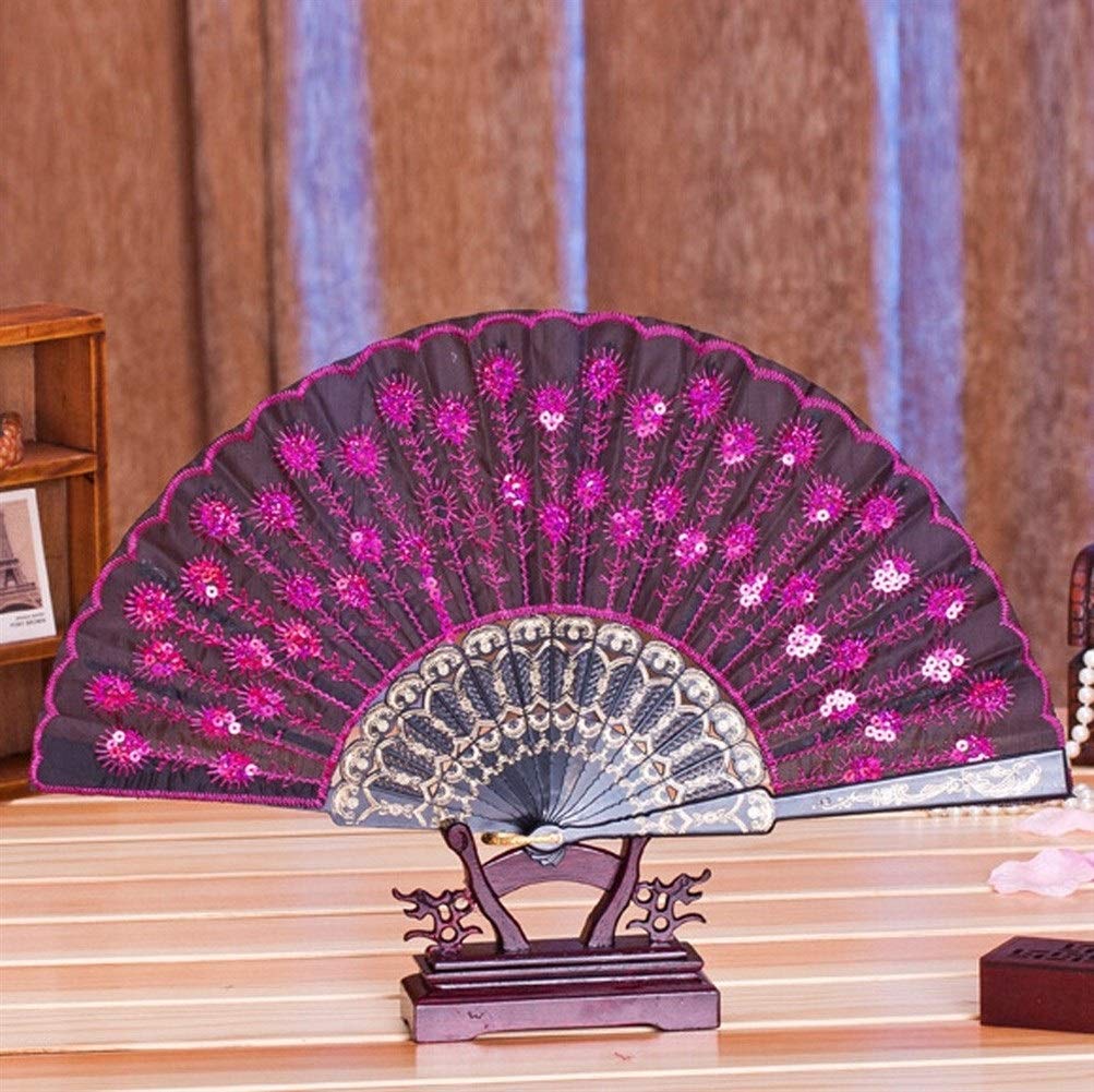 NZPOST Folding fan Peacock Pattern Folding Hand Held Fan Embroidered Sequin Party Wedding Prom Chinese Spain Hand Fan Folding fan (D)