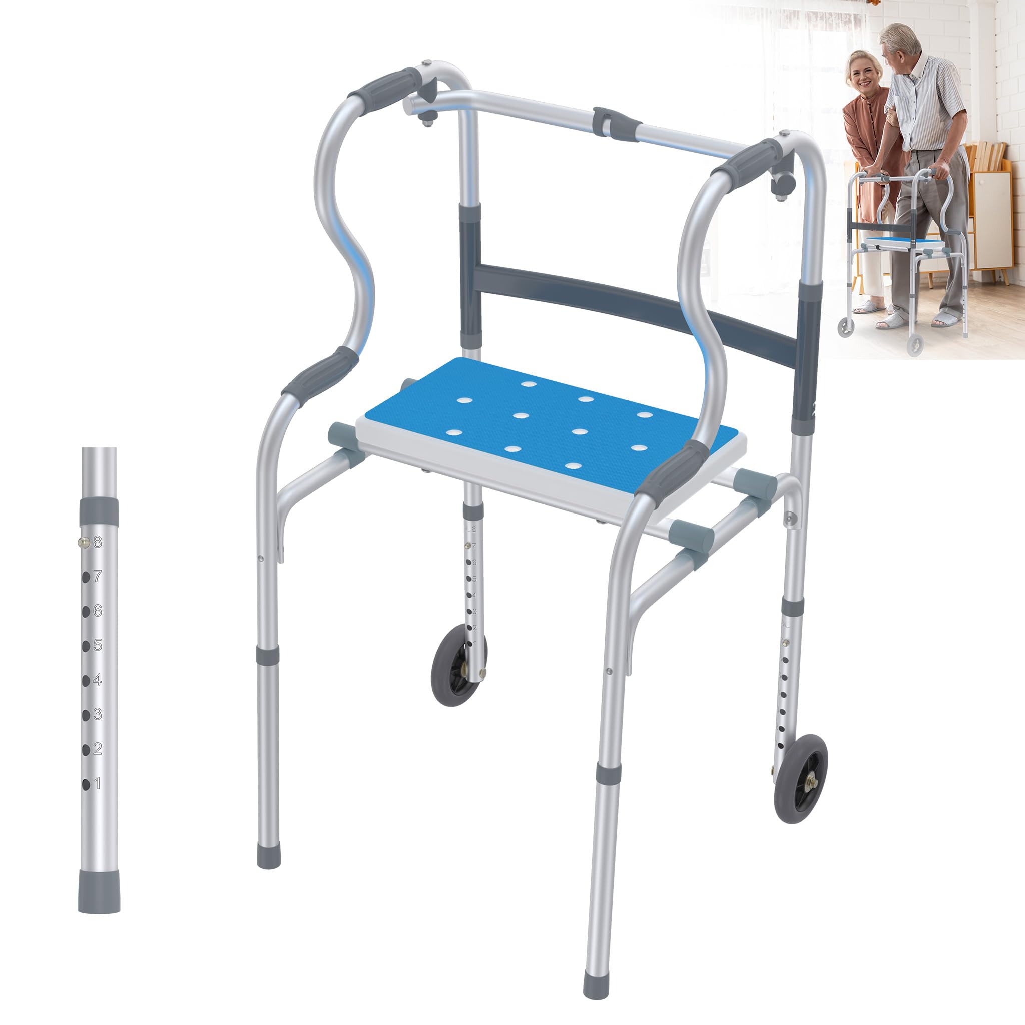 XMTECH Pomoc dla seniorów, składany kozioł z 2 kółkami skrętnymi, stabilny pomocnik do chodzenia z regulacją wysokości, stelaż dla dorosłych z aluminium, do 180 kg