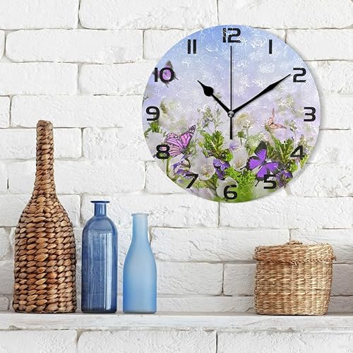 Miniatura 3 de Reloj de pared redondo con diseño de mariposa y flores voladoras para jardín, estilo árabe, acrílico, pintado silencioso, no hace pinchazos,