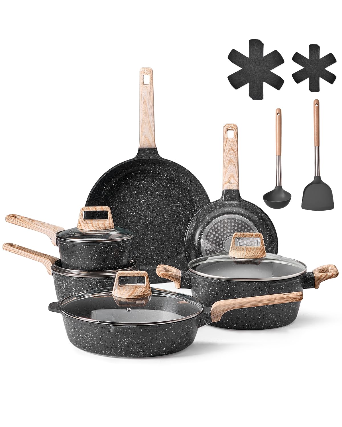 VEVOR Juego de Ollas y Sartenes Antiadherentes 17 Piezas de Granito para Cocina de Inducción, Apto para RV, con Tapas de Vidrio Templado y Protectores para Sartenes, Apto para Estufa, Color Negro