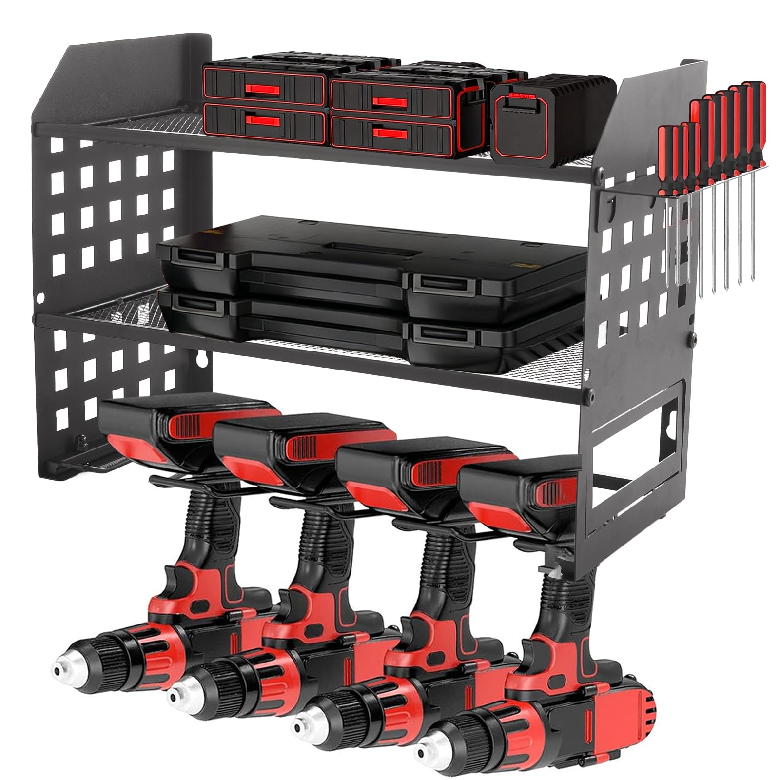 BLUE BAZAAR 3 Layer Power Tool Storage, Tool Rack for 4 Drill Holders, Heavy Duty Wall Mounted Rack for Garage, Home, Workshop (Black)