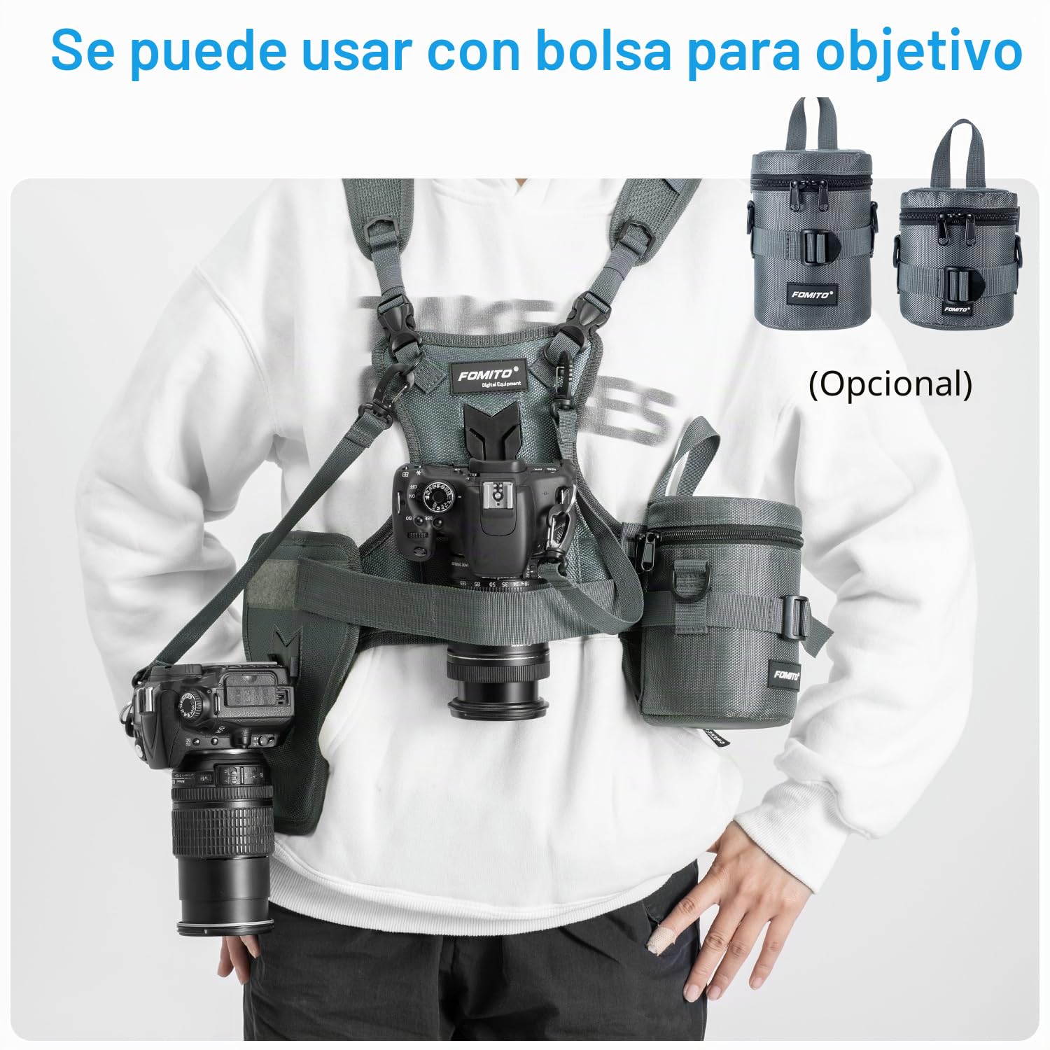 FOMITO Sistema de Arnés de Pecho para Cámara, Chaleco de Transporte Multicámara con Funda Lateral, Compatible con Canon, Nikon, Sony, Panasonic, Olympus, DSLR