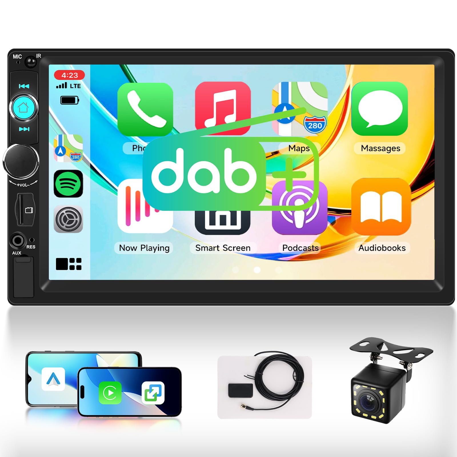 Hodozzy 2 Din Car Radio with Dab+, Wireless Carplay Android Auto, 7 Inch Touch Screen with Bluetooth FM Radio EQ, MP5 Player with Video Playback SWC USB AUX Type-c, Camera