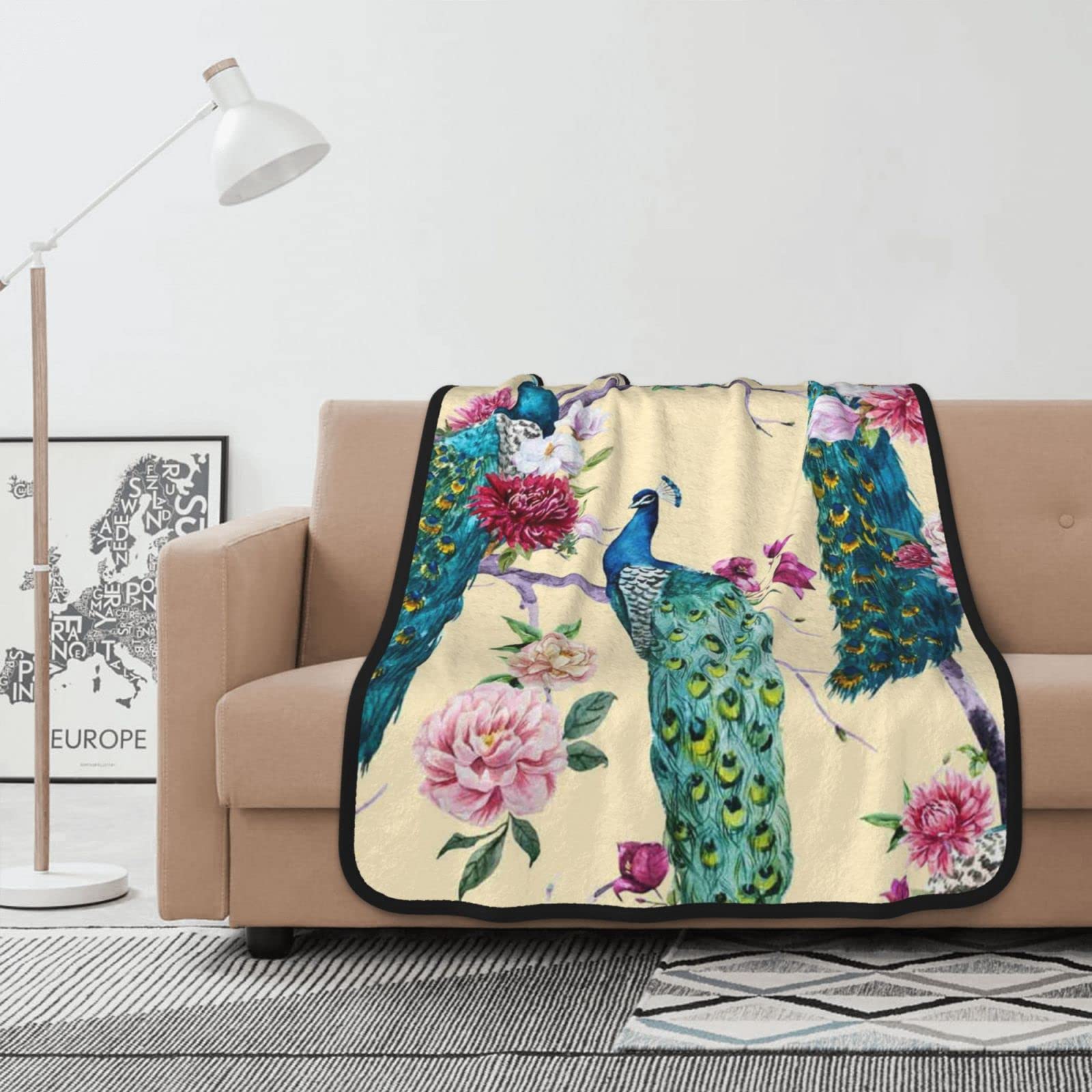 Couverture double face flanelle imprimé paon jeté de lit