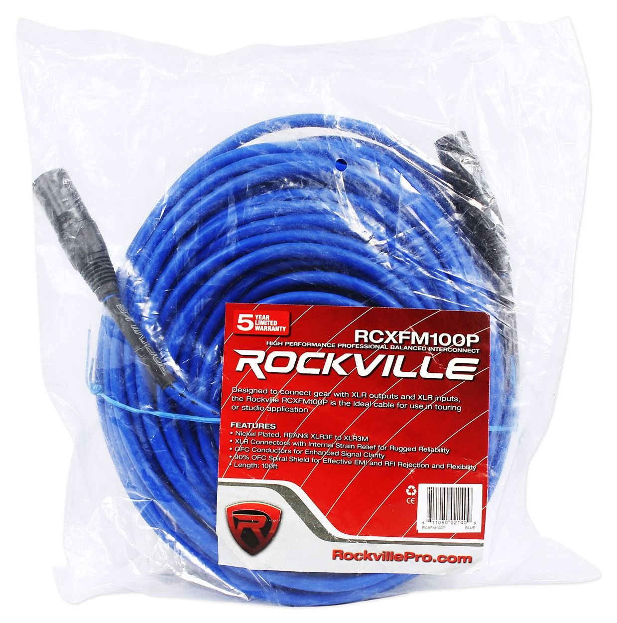 Rockville RCXFM100P-BL 100ft Female to Male XLR Cable, Nickel-Plated REAN Connectors, Low Noise, Durable PVC Jacket, Blue Color, for Live Sound and Studio Recording