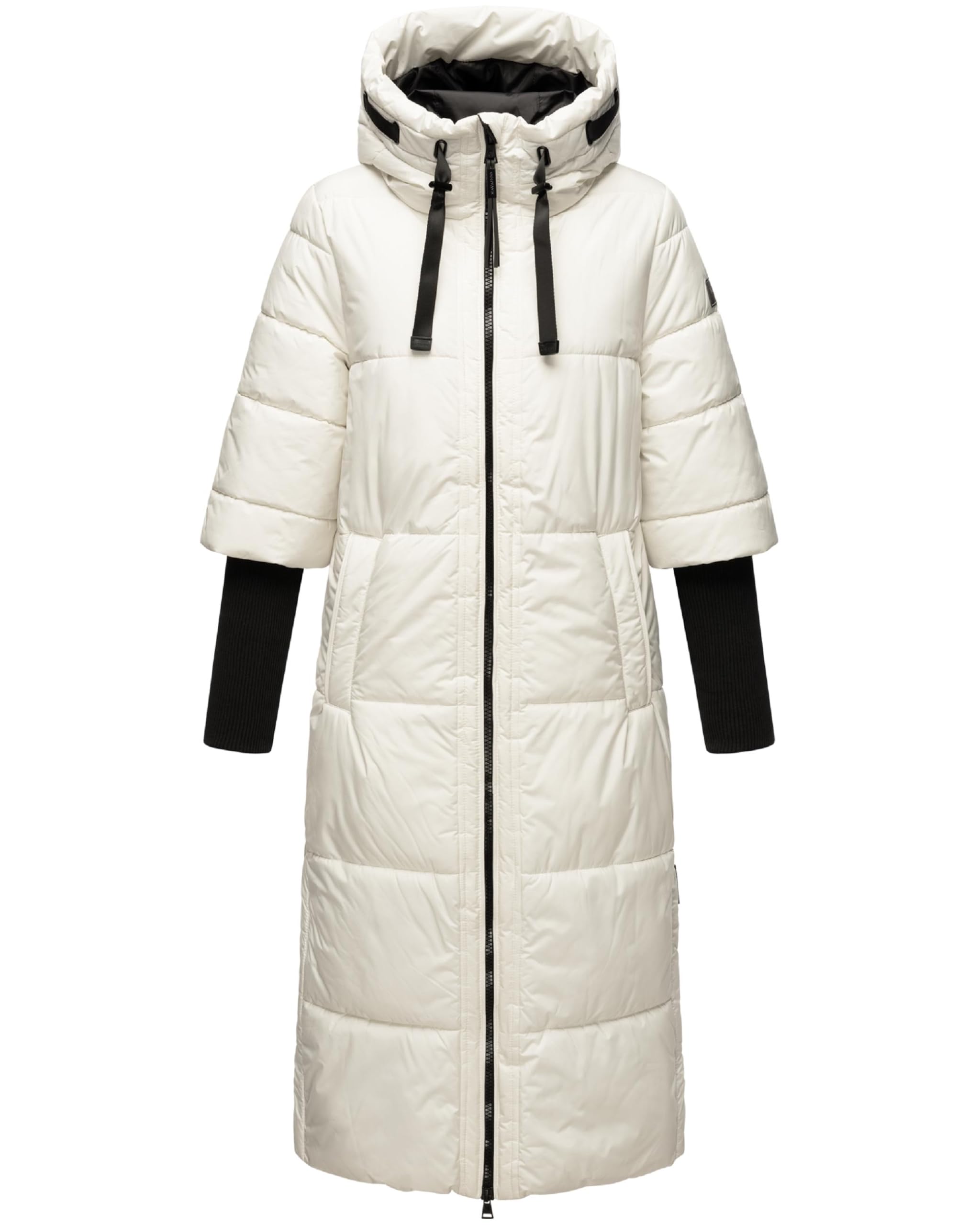 Navahoo Women's Off-White Long Winter Coat, Warm Quilted Coat With Hood And Ribbed Knit Sleeves Ciao Miau Xiv Xs-3Xl, Xs