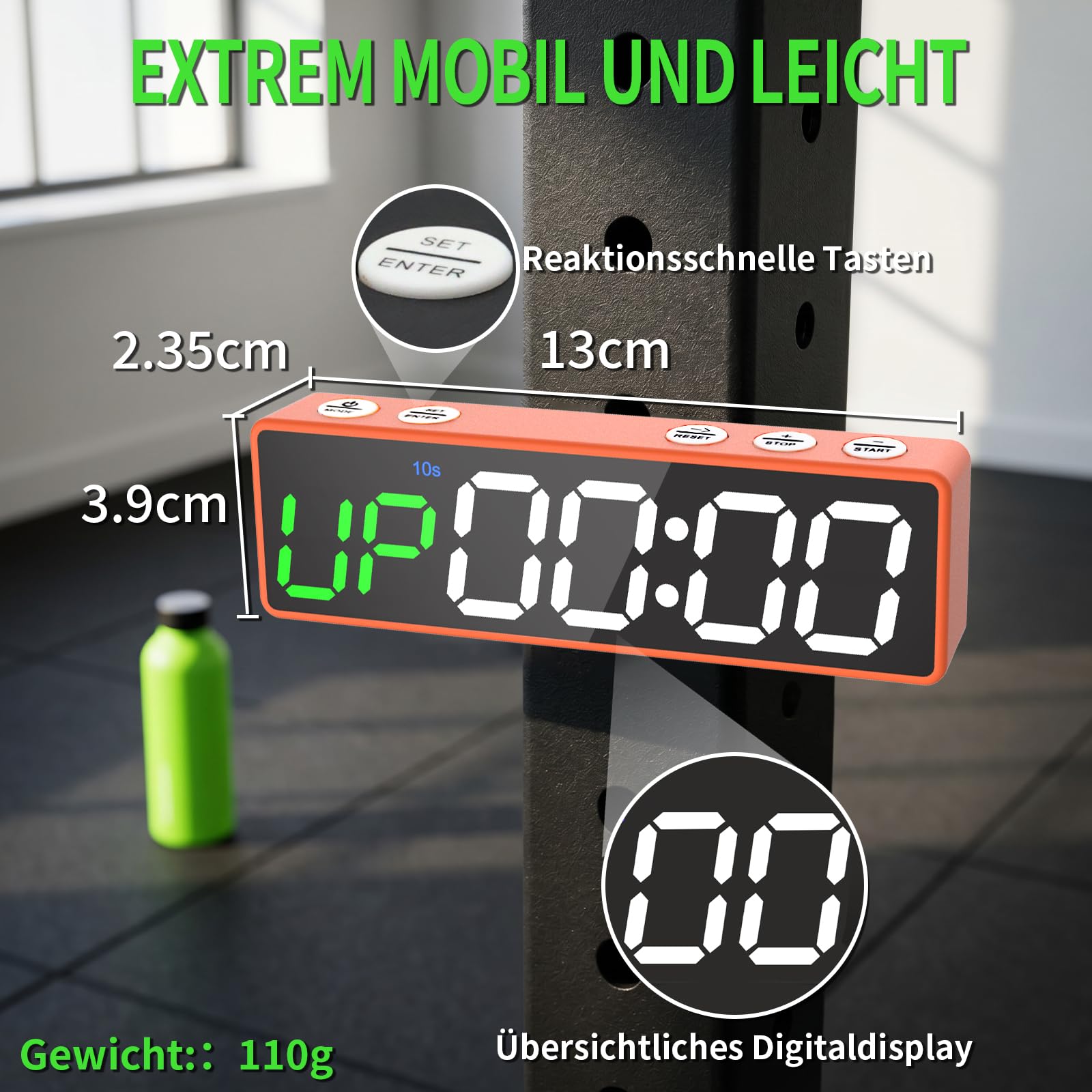 Gym Timer, Tragbare Mini Countdown Zähler LED, Starker Magnet, Intervall-Timer für Workout, Stoppuhr mit Eingebauter Leistungsstarker Batterie, 12/24H Digital Uhr für Home/Gym/Brettspiel
