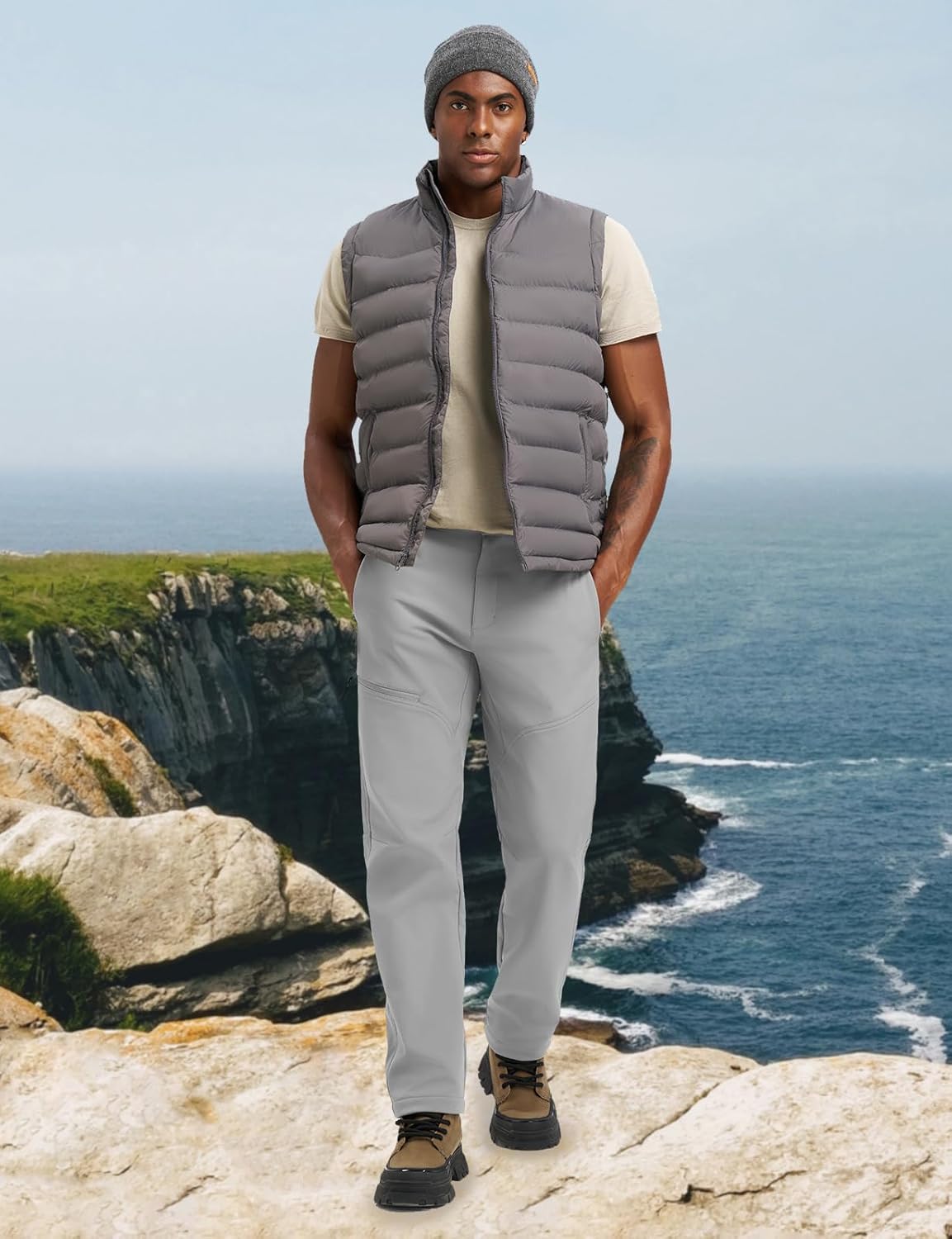 YSENTO Men's Insulated Snow Ski Pants Waterproof Winter Fleece Lined Softshell Hiking Cargo Pants Zipper Pockets Light Grey 34 - Image 6