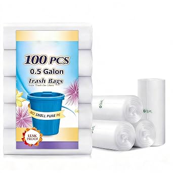 0.5 Gallon Mini Strong Bin Bags, Bin Liners for Bathroom Toilet Bedroom Office, Small Plastic Bags for Desktop Trash Bin, Fits Small Bins Under 2L (100 Counts, Clear)
