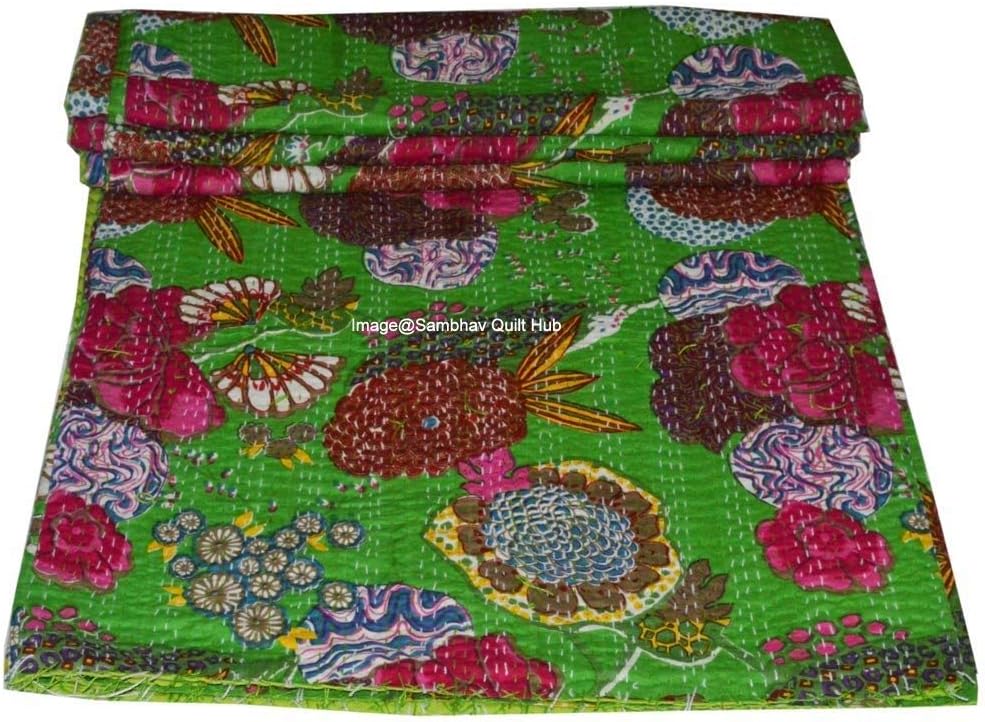 Queen/Twin/King Green Handmade Fruit Reversible Bedspread Pattern Gudri Pure Cotton Kantha Style Quilt Floral Fruit Print Decorative Kantha Stitch Quilt (90X108 inches)