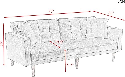 Miniatura 4 de Sofá cama futón convertible, moderno sofá cama plegable tapizado de lino con dos almohadas, sofá cama de 75 pulgadas para sala de estar, dormitorio,