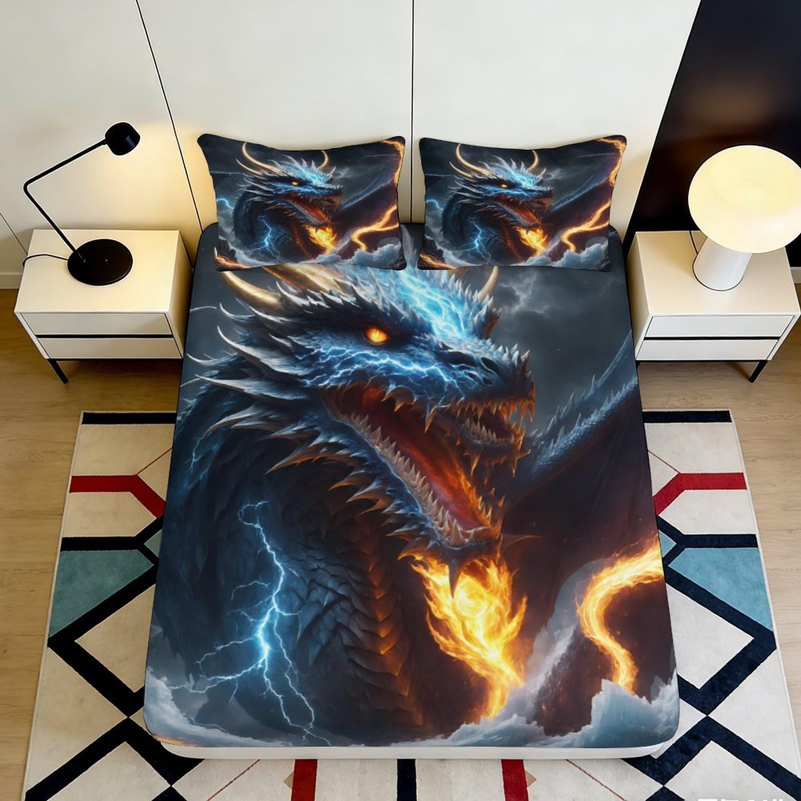 3D Printed Lightning Fire Dragon Fitted Sheet Microfiber Soft Breathable Fantasy Creature Bed Cover for Bedroom Decor 90x200x25cm
