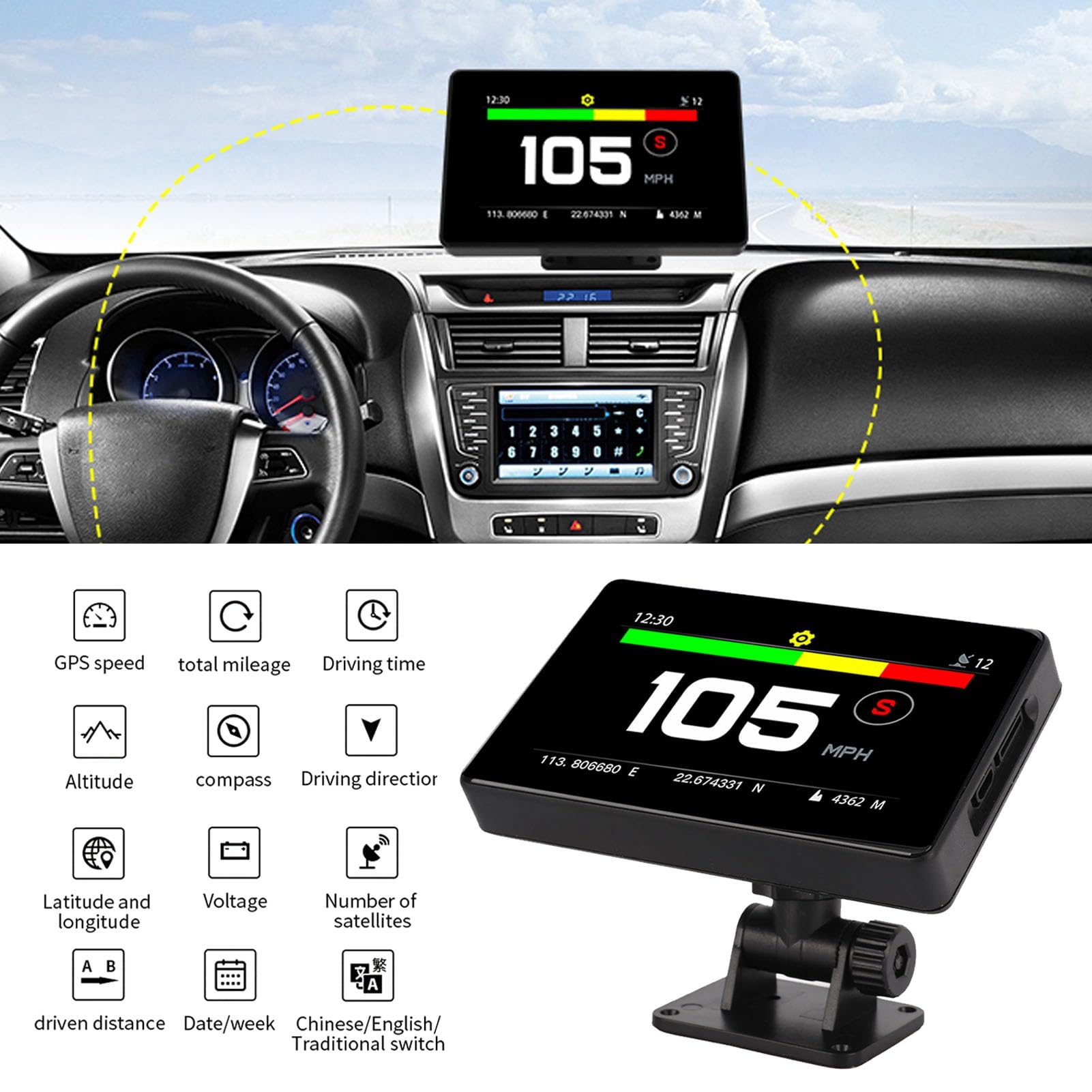 Tableau de Bord Intelligent avec Affichage HUD pour Voiture, Compteur de Vitesse, Alarme de Fatigue et de Conduite, Mesure de Tension GPS