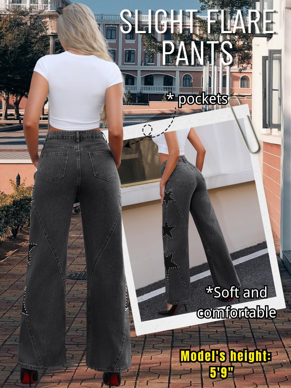 Vintage Women Star Pearl Baggy Jeans,Low Rise Wide Straight Leg Boyfriend Denim Pants,Going Out Concert Casual Outfit