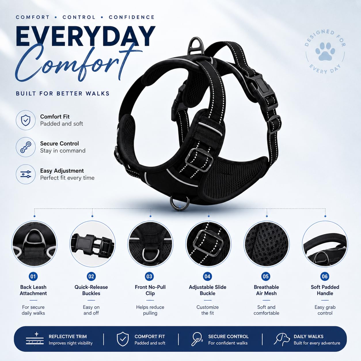 Arnés Reflectante cómodo para Perros pequeños a Grandes, sin tirones, con asa Delantera y Trasera, asa de fácil Control, Ajustable, Suave, Acolchado, para Perros pequeños a Grandes (L, Negro)