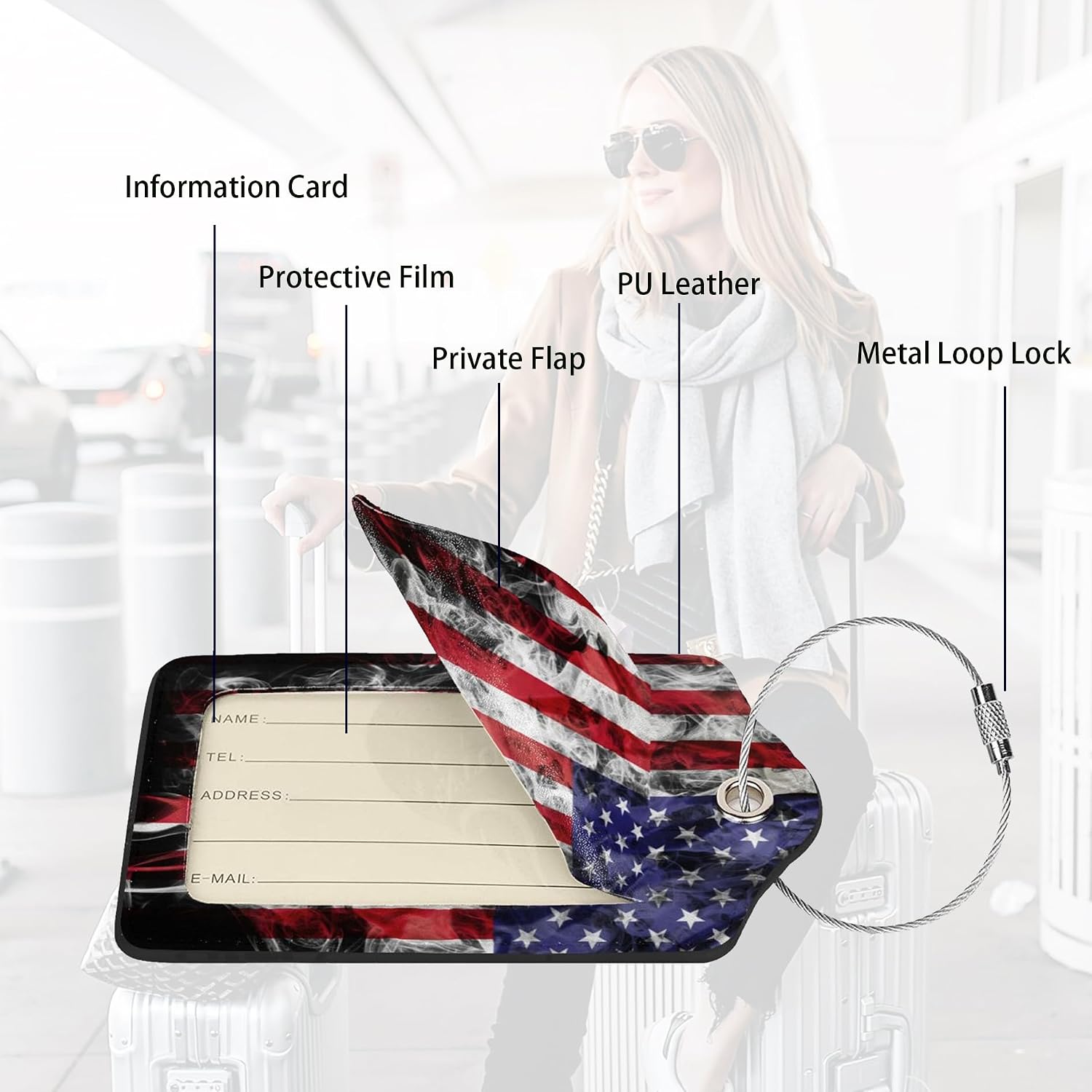 2 Pack American Flag Luggage Tags for Suitcases Unique Us Leather Luggage Tags Identifiers Privacy Cover Id Label with Stainless Steel Loop for Women Men Boys Girls Travel (American Flag) image 2