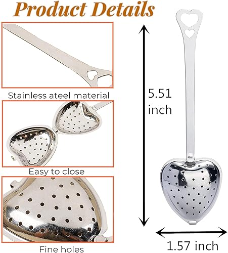 Miniatura 5 de RoseAuroma - Juego de 20 infusores de té de acero inoxidable, cuchara de agarre largo, filtro de hojas de té sueltas en forma de corazón, colador de