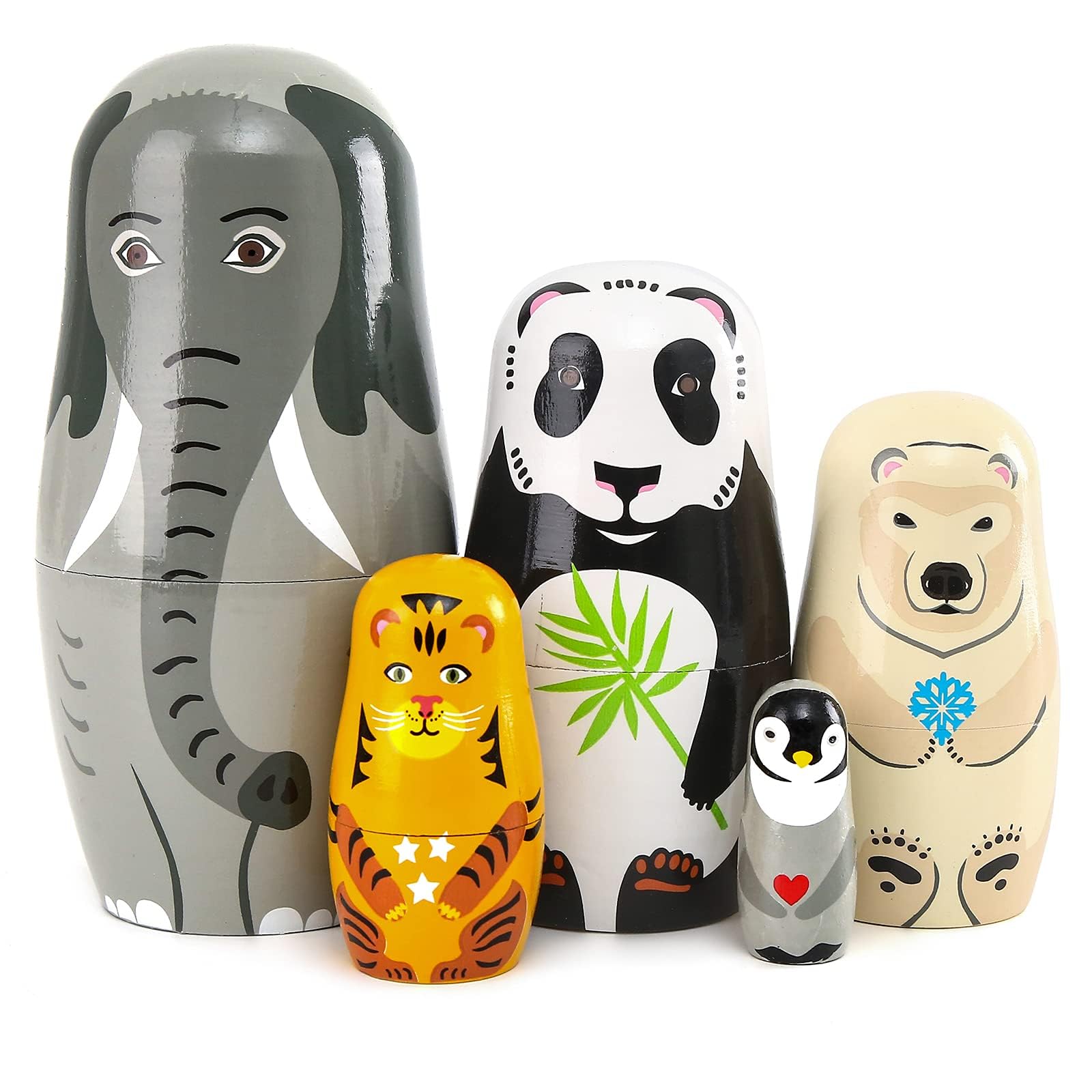 5PCS Handmade Wooden Animal Nesting Dolls - Elephant & Panda, Traditional Russian Matryoshka Gift