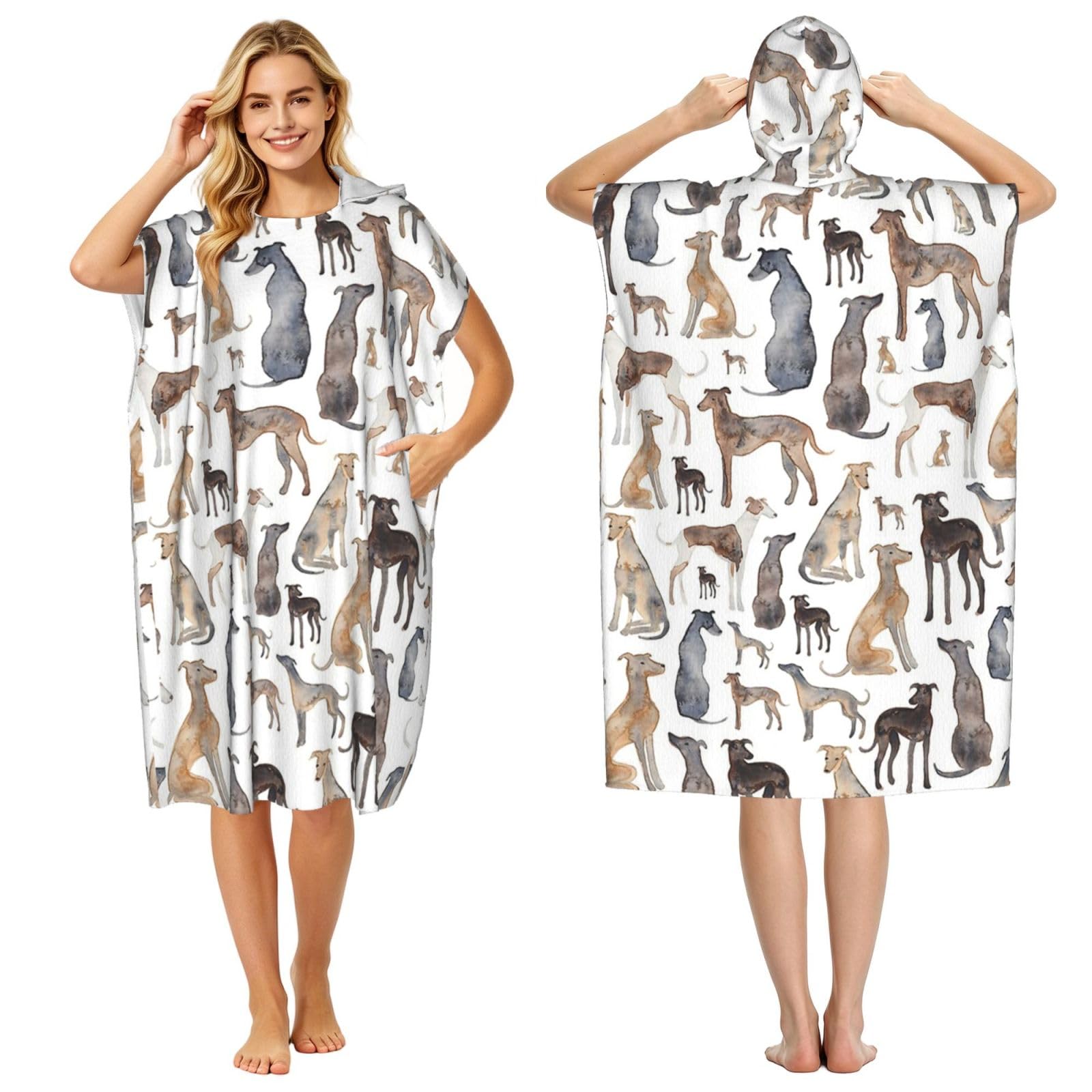 Poadnly Greyhounds Wippets And Lurcher Dogs, Adult Hooded Beach Towel 90 x 110 cm,Changing Bath Robe, Surf Poncho Towel For Women Men