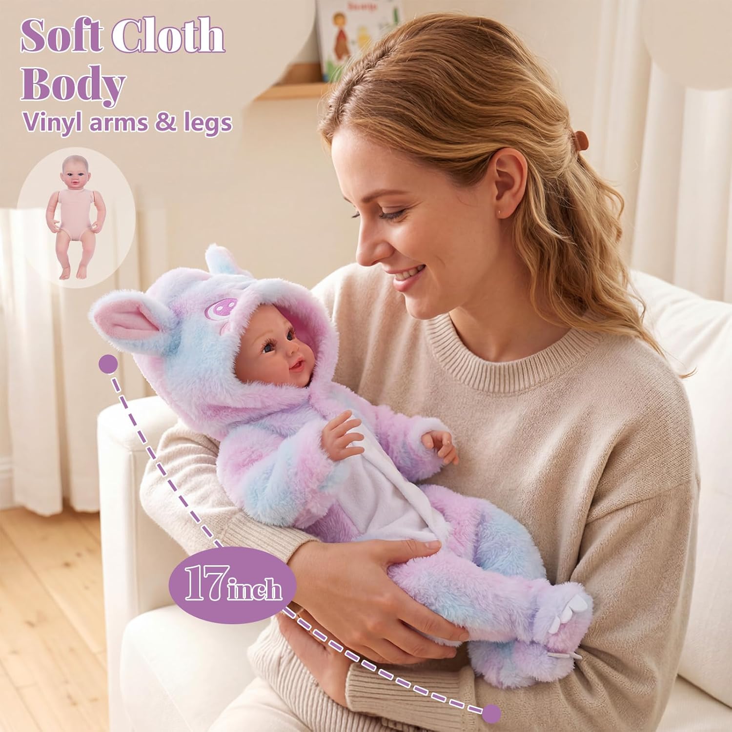 BABESIDE Reborn Baby Dolls, 17 Inch Realistic Newborn Baby Doll, Soft Vinyl Poseable Lifelike Smiling Reborn Doll, Real Life Baby Doll with Complete Accessories, Birthday Gift for Kids Age 3+