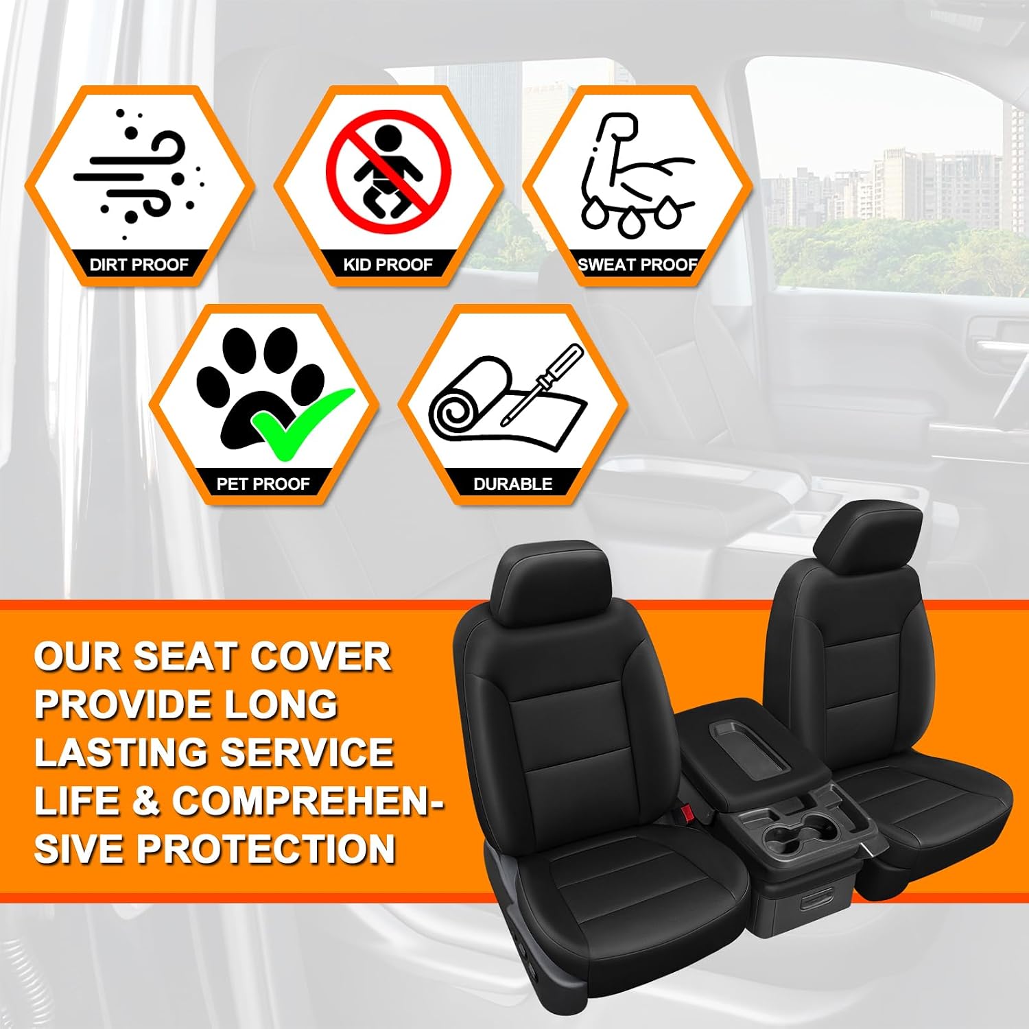 Front Seat Covers Compatible with 2019-2026 Chevy Silverado/GMC Sierra 1500 with Rear Seat Storage & Cup Holder, Heavy Duty Leather