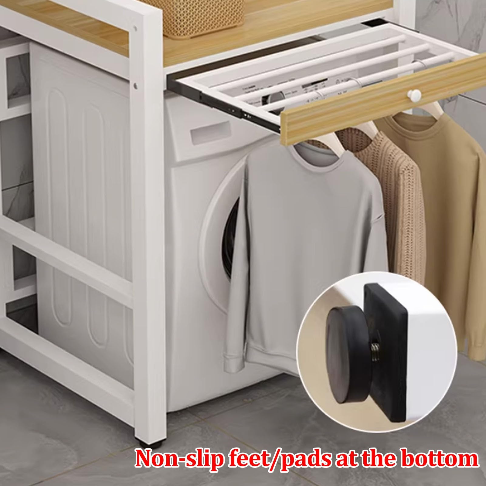 2-stöckiges Ablageregal Für Waschmaschinen, Waschmaschinen- Und Trocknerregal mt Wäscheständer, Praktisches Ablageregal Für Waschmaschinen mit Arbeitsplatte(White+Black)