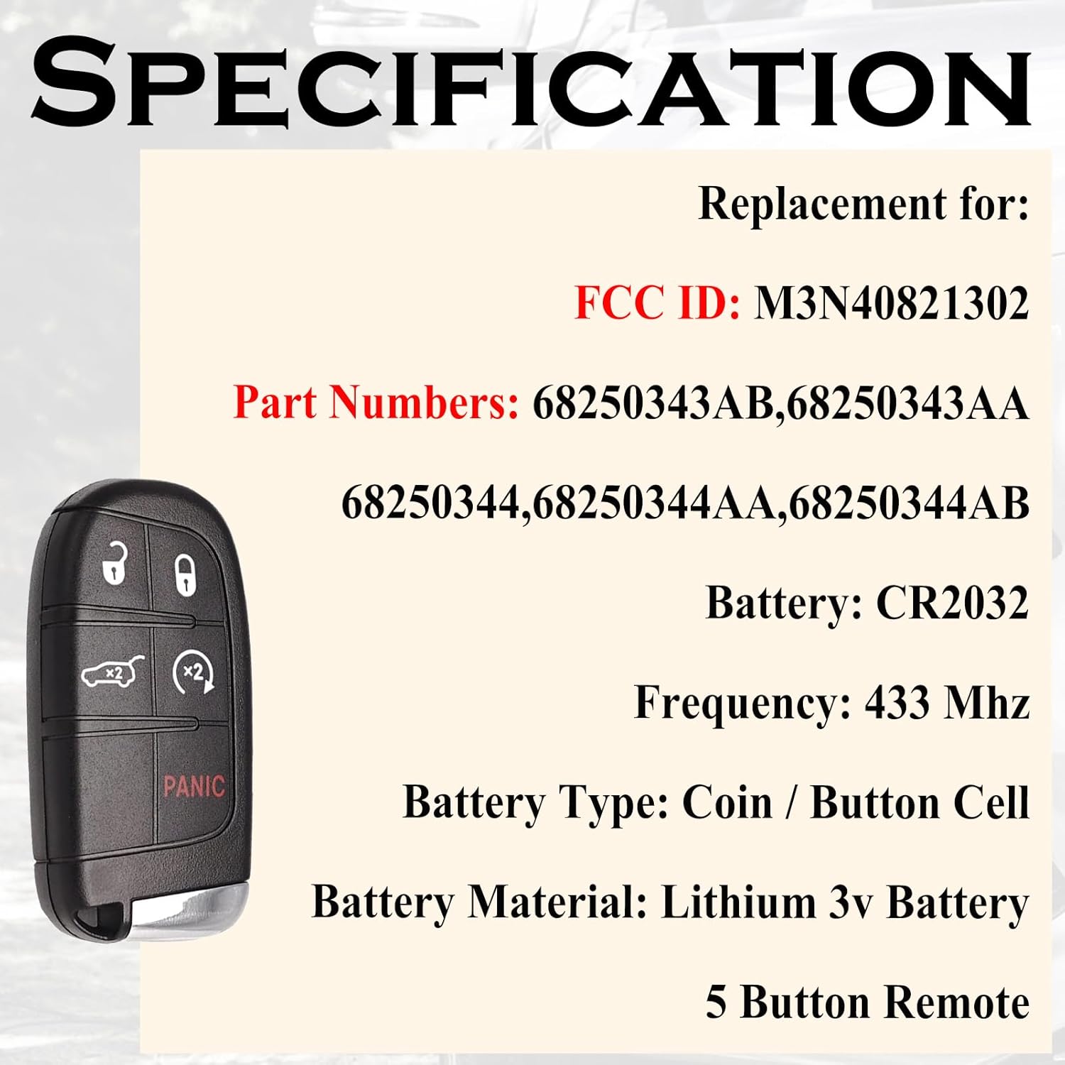 Remote Key Fob Replacement Fits for Jeep Compass 2017 2018 2019 2020 2021 2022 2023 2024 2025 5 Buttons Smart Proximity Keyless Entry Remote Control M3N40821302 68250343AB 68250344