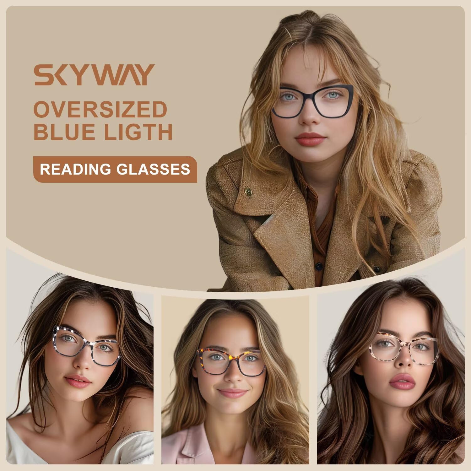 SKYWAY Occhiali da Lettura per Donna,Occhiali da Computer Oversize alla Moda con Blocco Luce Blu,Montatura Quadrata a Occhio di Gatto con Cerniera a Molla - 3