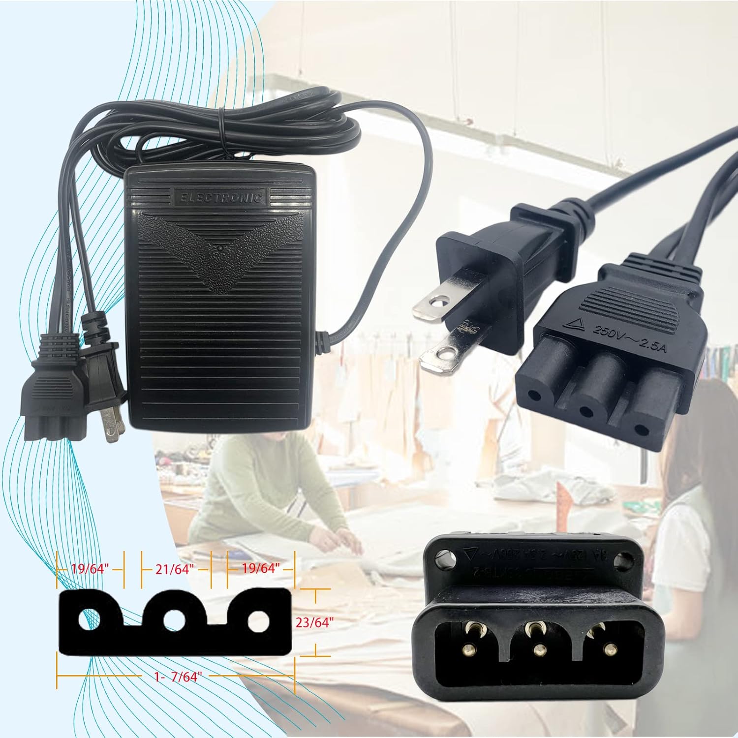 Singer Sewing Machine Pedal and Power Cord, with Foot Pedal Non Slip Pad, Compatible with Singer #359102-001 2263 4423 e99670 8280 44s 4452 2277 4411 3116 3337 1304 M3220 3342 4432 1120 50t8 3232 1507