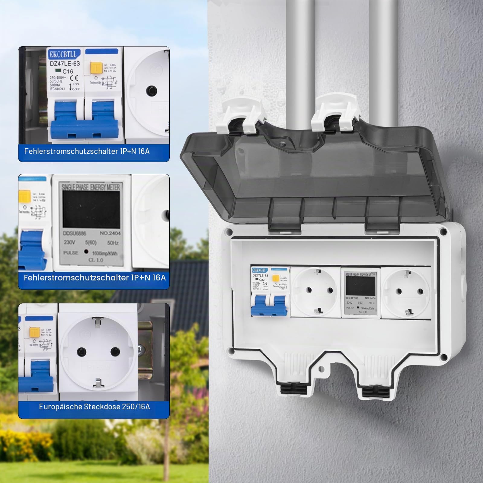 Verteilerkasten Aufputz mit Stromzähler,Kleinverteiler Aufputz Complete with Leckschutz 16A and Socket,Surface-Mounted Distribution Box wasserdichte IP66|8 Modules
