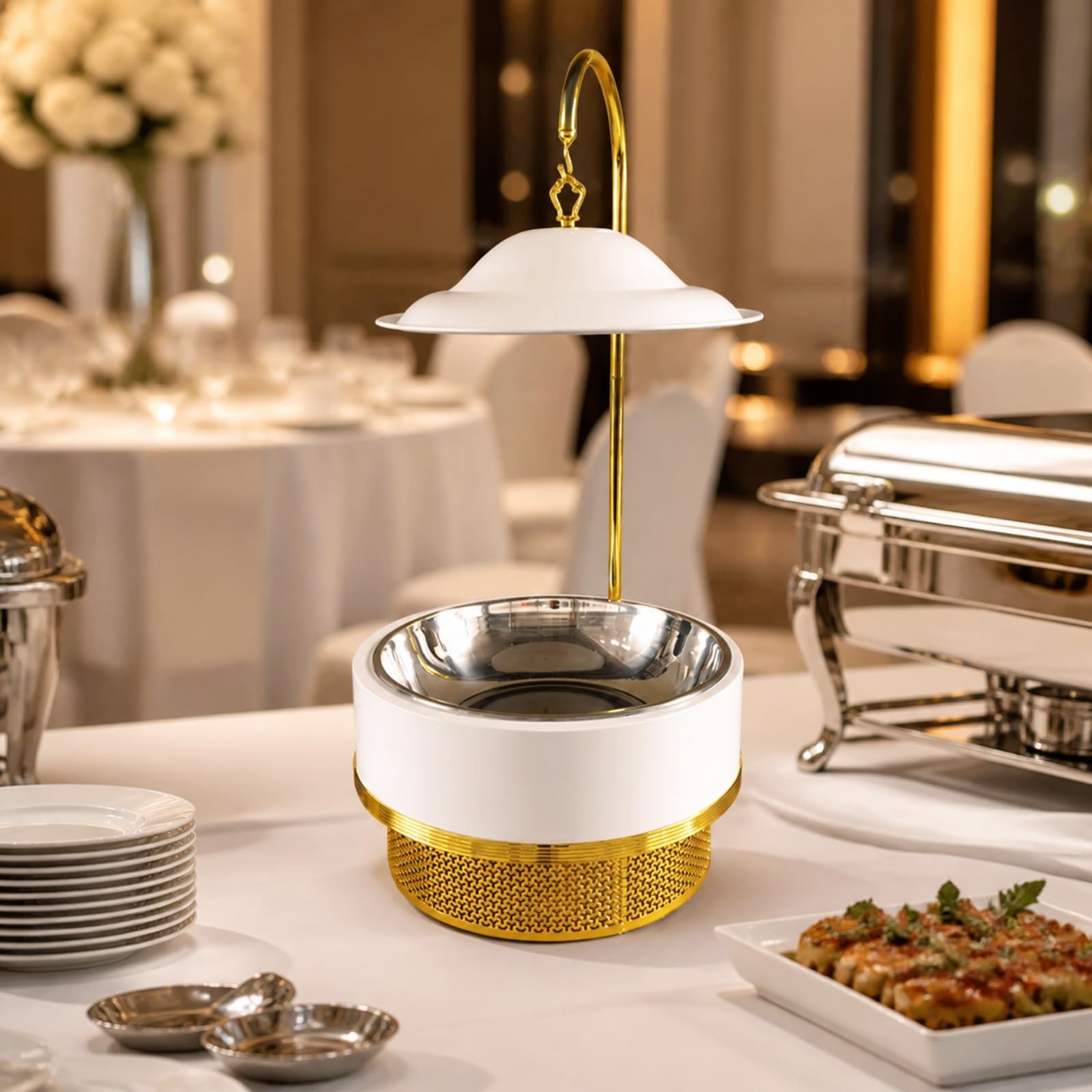 Chafing Dish Colgante Redondo 8 L Profesional Plato Caliente Colgante con Tapa Organizador Calientaplatos para Reuniones Caterizados, Oro