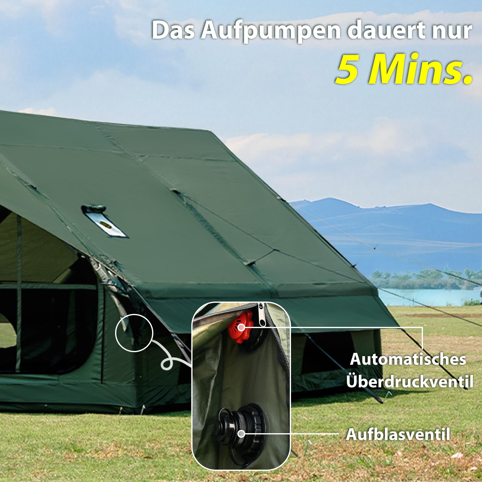 Aufblasbares Campingzelt mit Handpumpe Einfacher Aufbau Wasserdicht Winddichtes Outdoor Aufblasbares Zelt 2-10 Personen Oxford Glamping Luftzelt Hüttenhaus