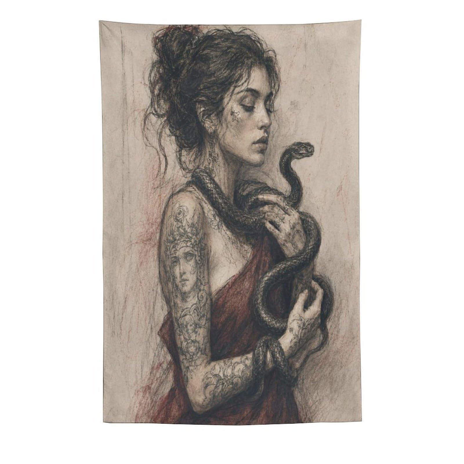 W7C8U2X3 Snake Woman Portrait Wall Tapestry, Oil Painting, Charcoal Sketch