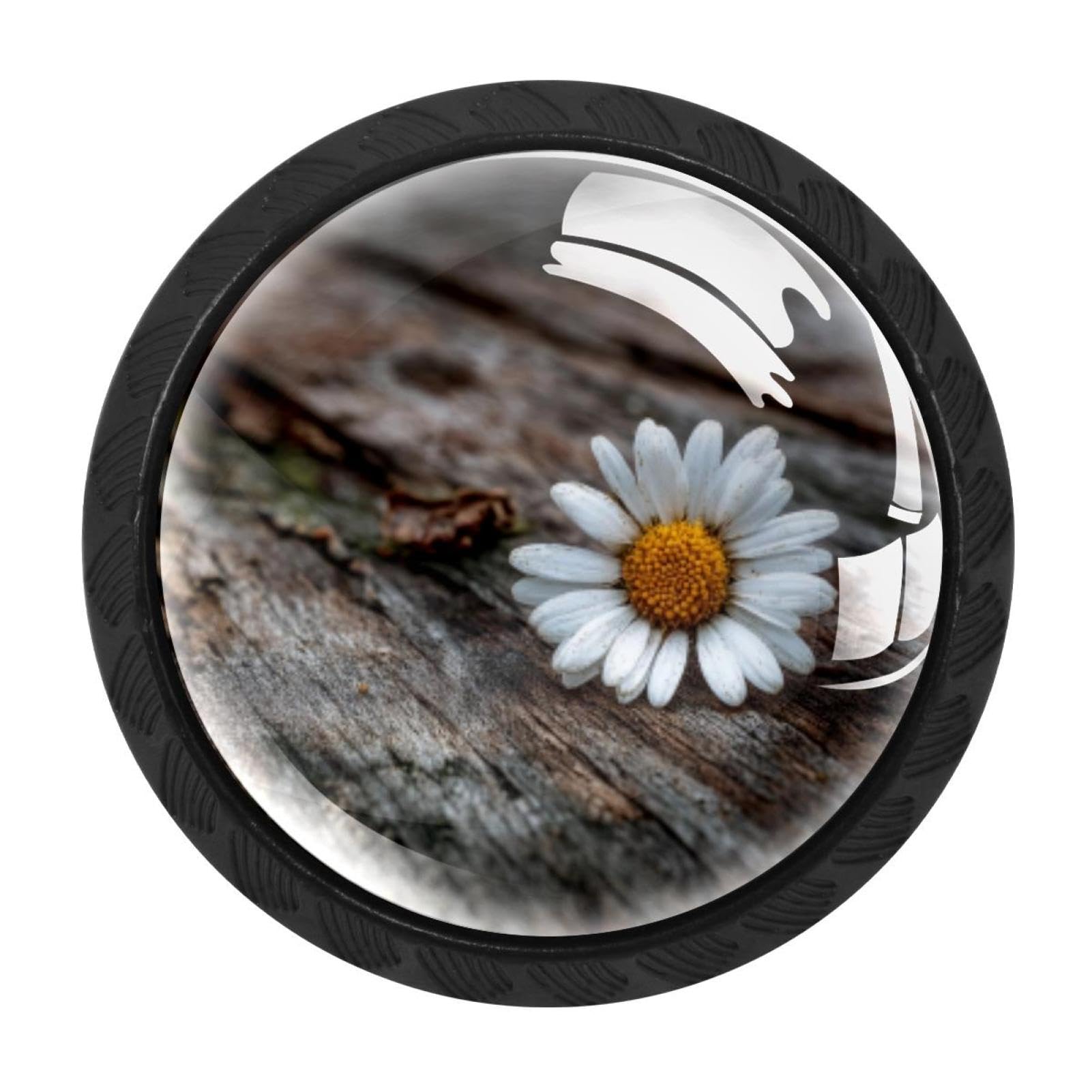 CHENZZZZ 4 Pack Daisy on Old Wooden (6) Dresser Drawer Cabinet Knobs Round Crystal Glass Knobs Pulls Handles for Kitchen Wardrobe Cupboard Door Hardware