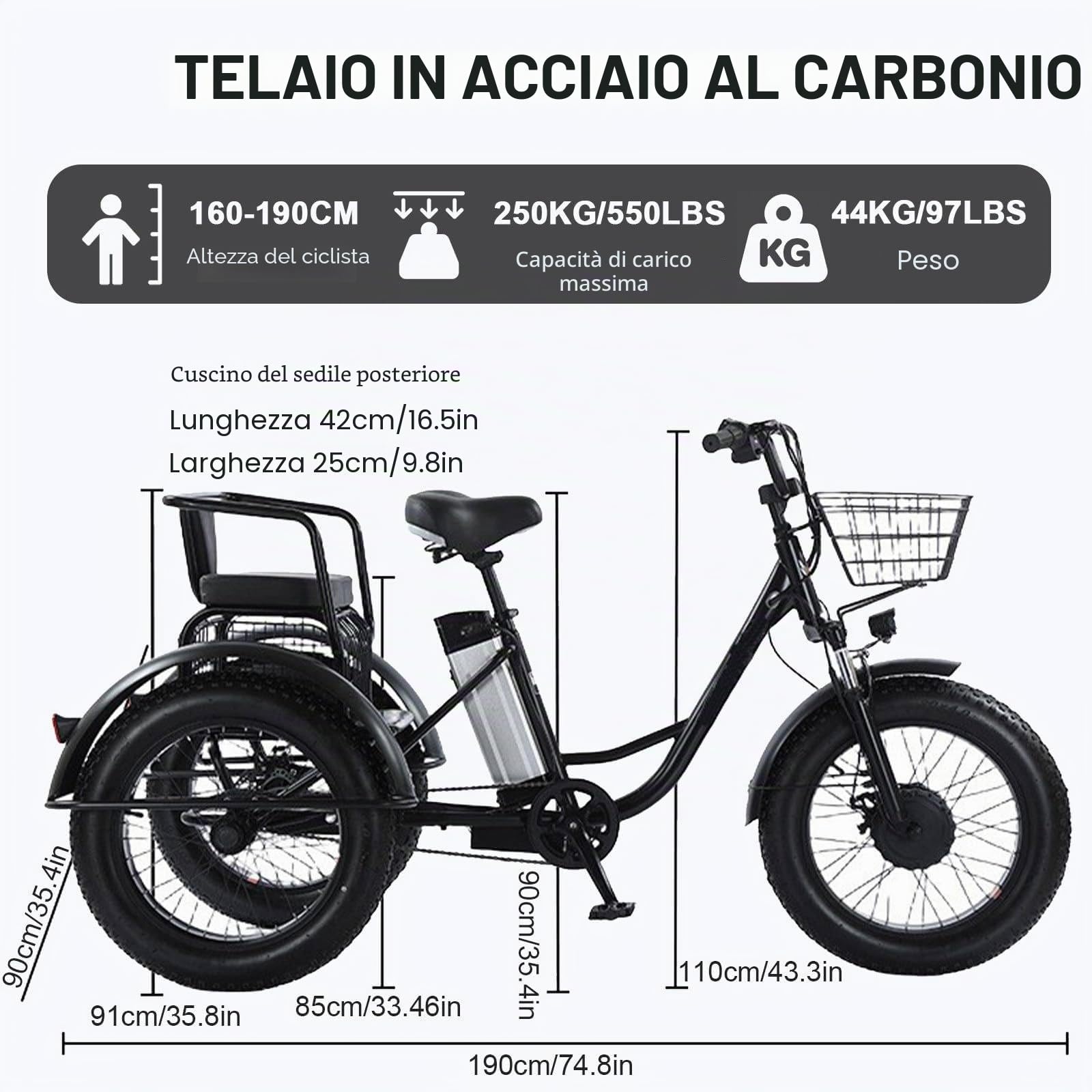 Triciclo Elettrico per Adulti,con Pneumatici Fat Tire Off-Road da 20" x 4.0,Cestino per la Spesa e Sedile Posteriore,Batteria Rimovibile da 48V/12Ah,Portata 200 kg,Ideale per Spesa,Picnic e Spiaggia