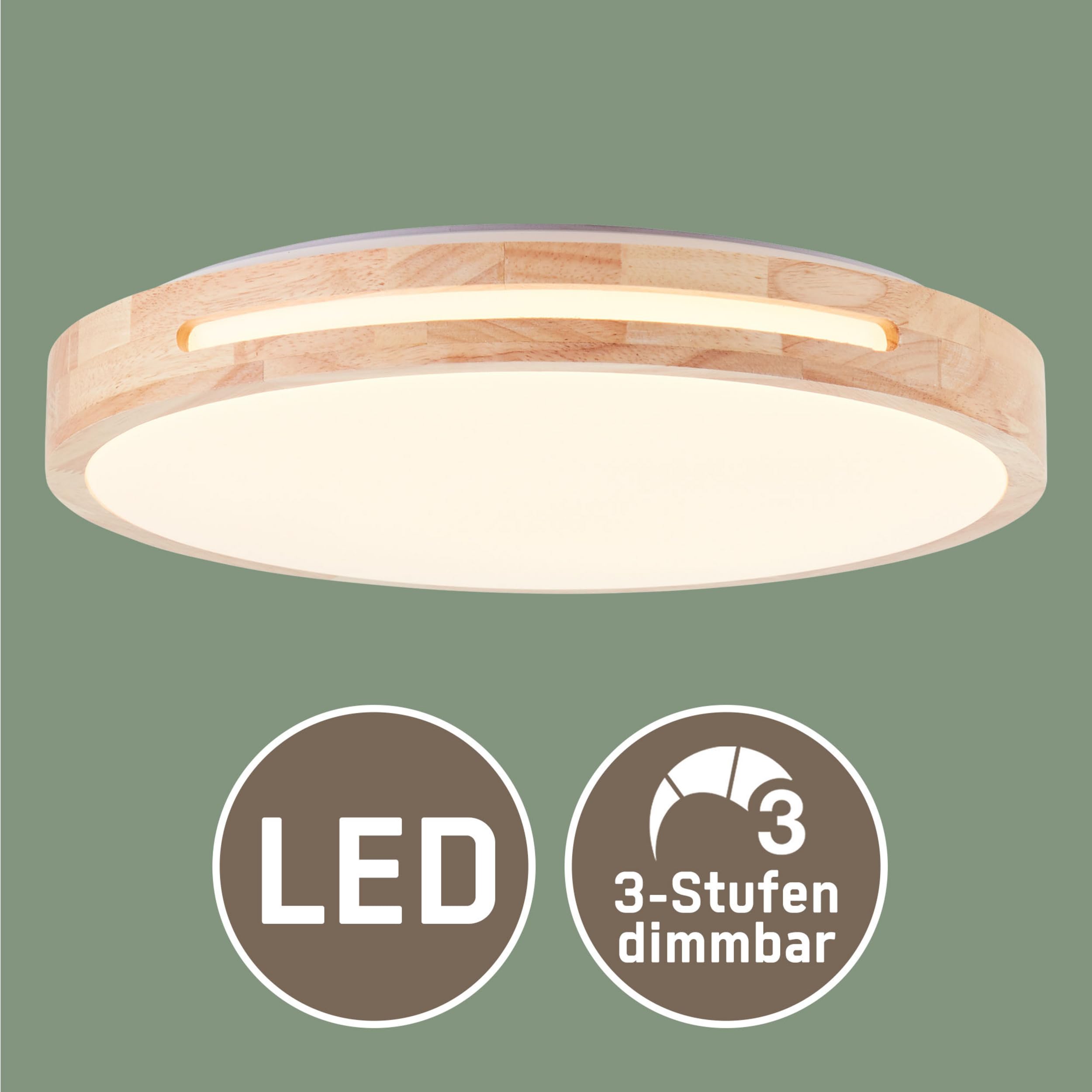 Lightbox Aplique y plafón LED regulador de intensidad de 3 pasos y marco de madera marrón claro de árbol de caucho y color de luz blanco cálido (3000 K) | Ø 39 cm | 24 W | 2100 lm | fabricado en